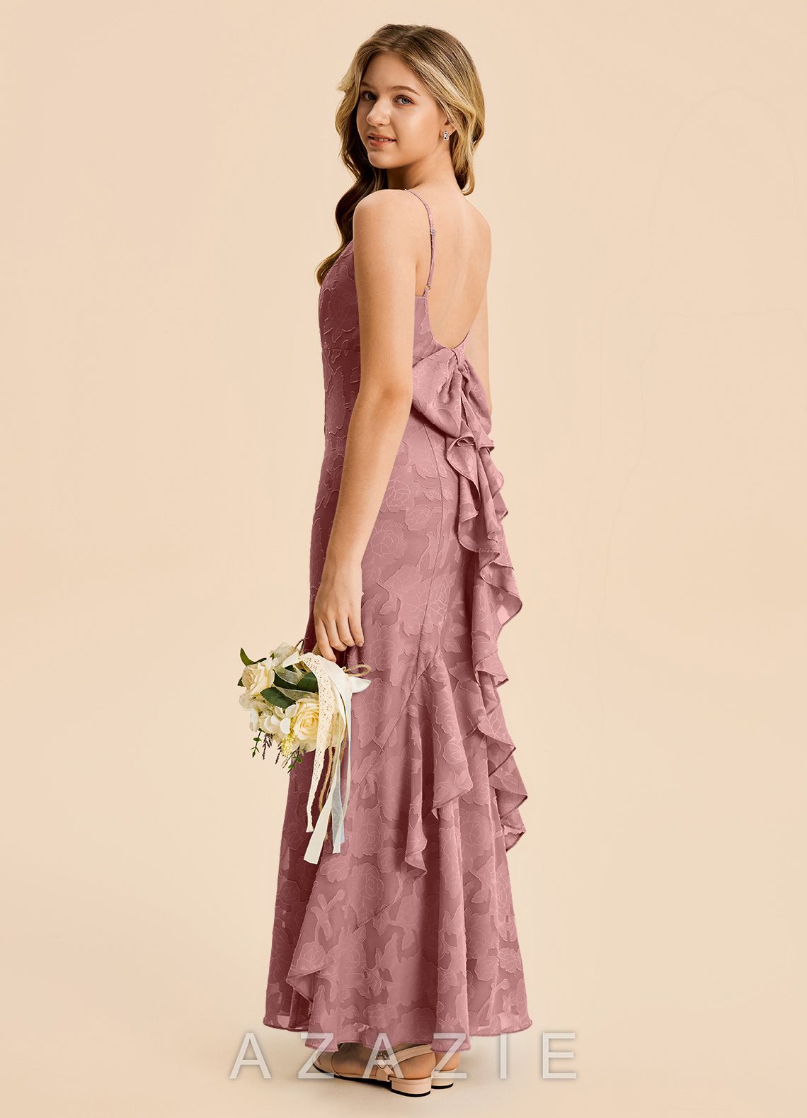 Azazie Lioren Junior Dusty Rose Mermaid Ruched Floral Burnout Dress dusty_rose