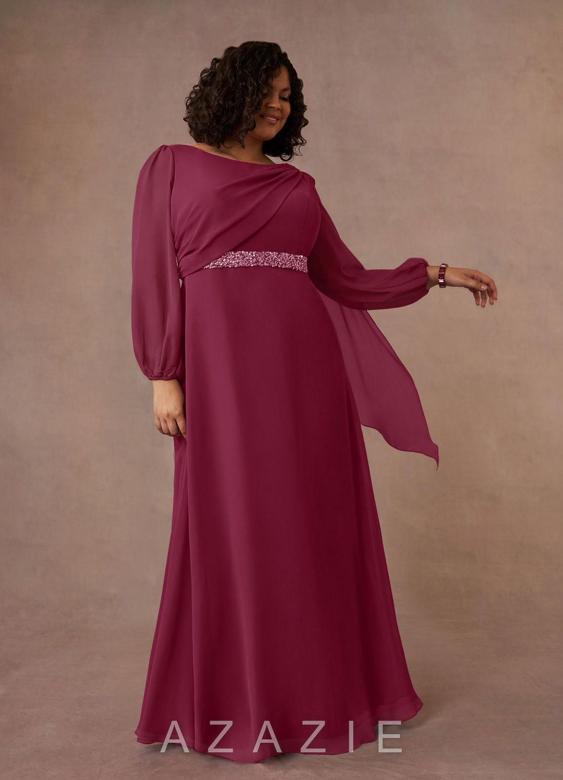 Azazie Priyanka Mulberry A-Line Boatneck Pleated Chiffon Dress mulberry