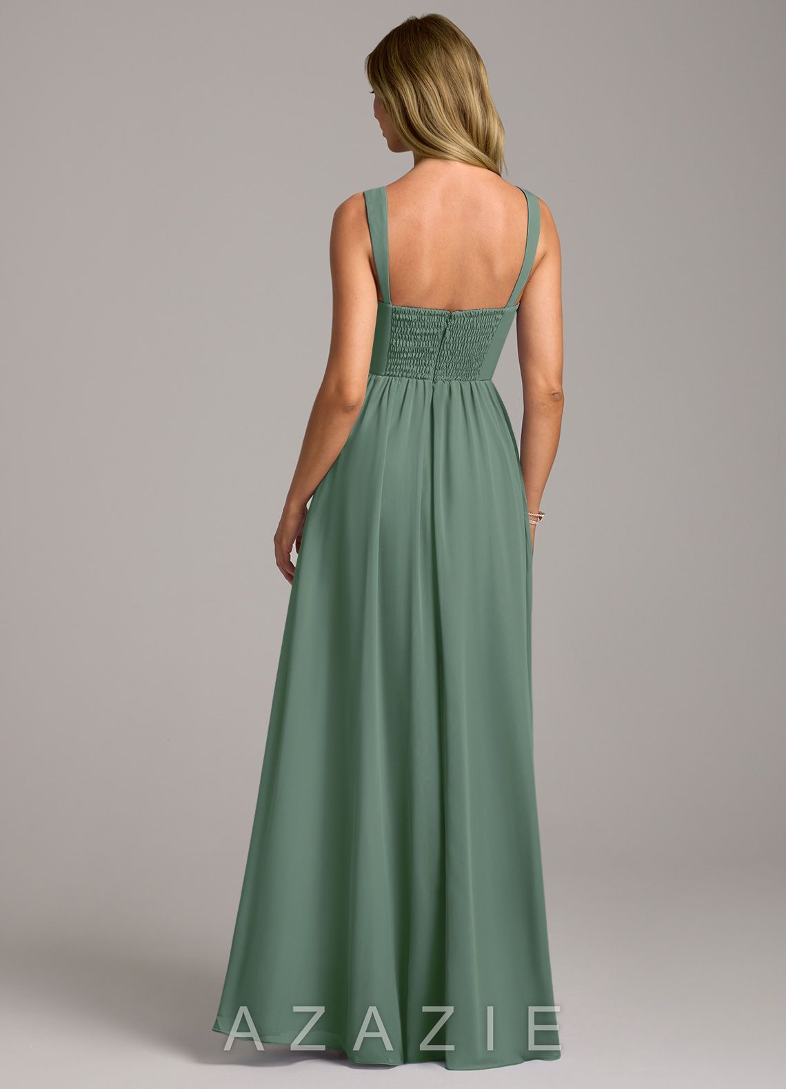 Azazie Rosaline Eucalyptus A-Line Side Slit Chiffon Dress eucalyptus