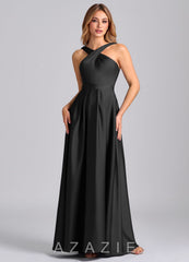 Azazie Dixie Black A-Line Pleated Stretch Satin Dress black