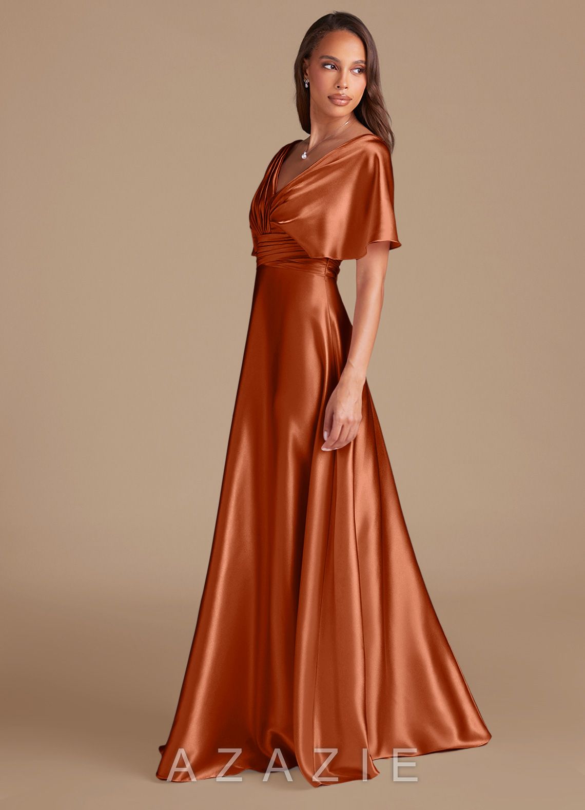 Azazie Pamela Auburn A-Line Pleated Metallic Satin Dress auburn