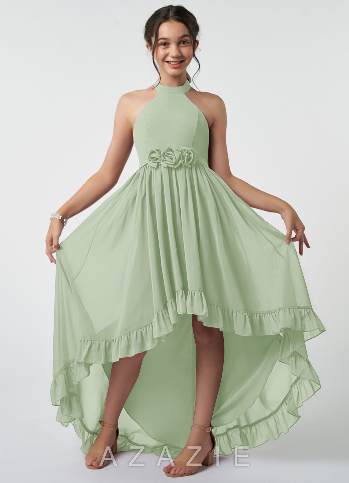 Azazie Hermione Junior Dusty Sage A-Line Chiffon Dress