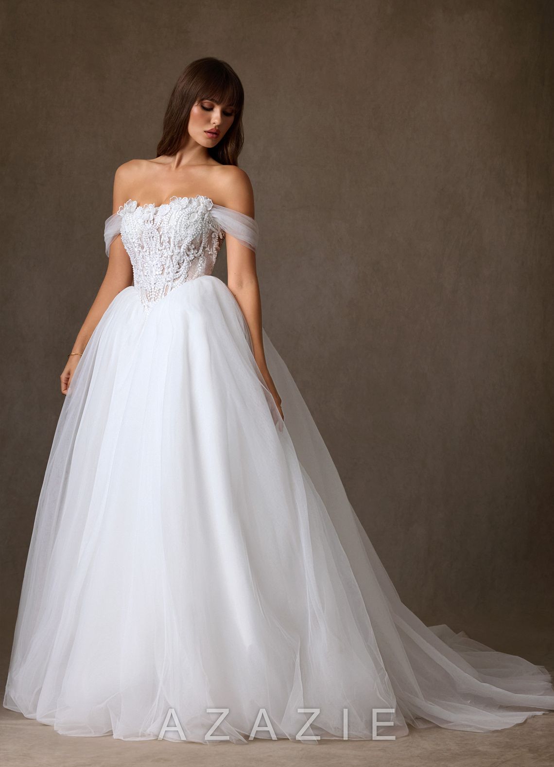 Azazie Sariyah Diamond White Ball-Gown Off the Shoulder Tulle Dress