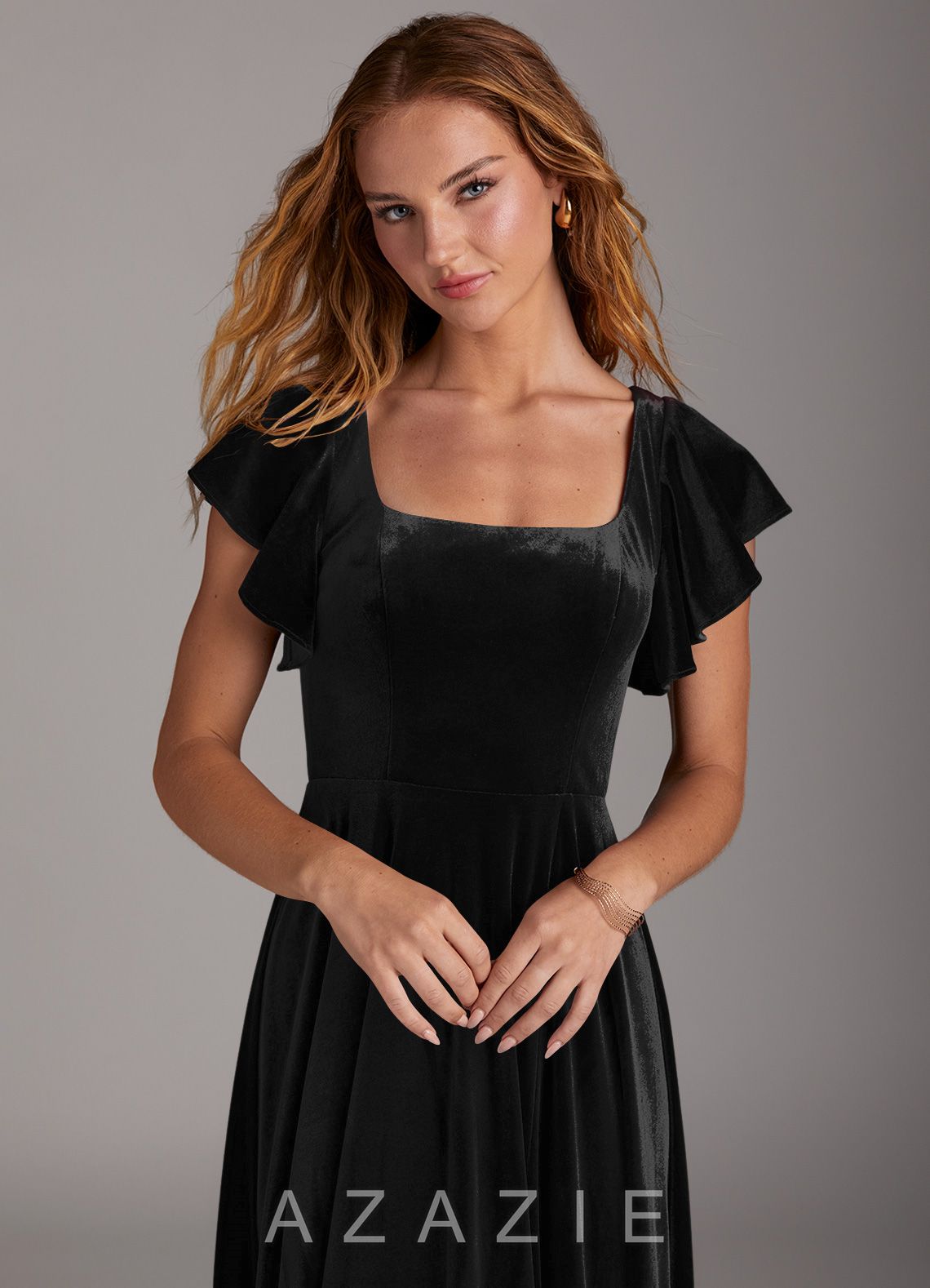 Azazie Bondi Black A-Line Side Slit Velvet Dress black