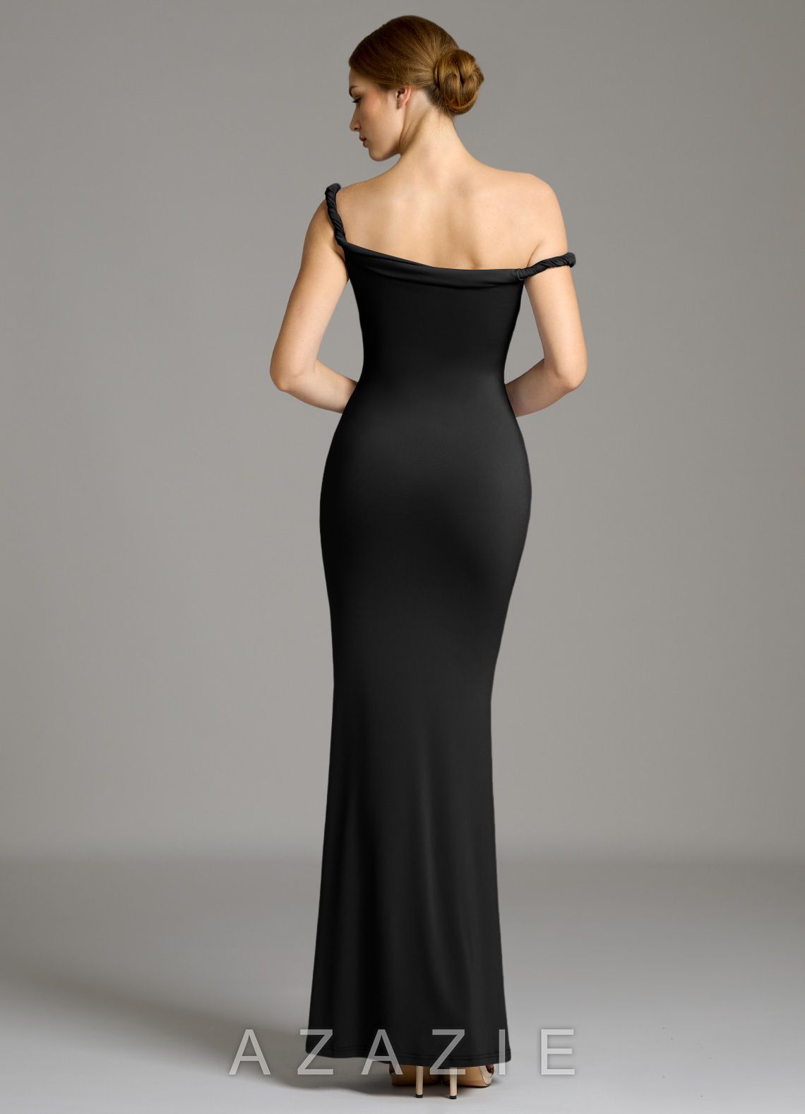 Azazie Shantal Black Mermaid Off the Shoulder Premium Stretch Jersey Dress black