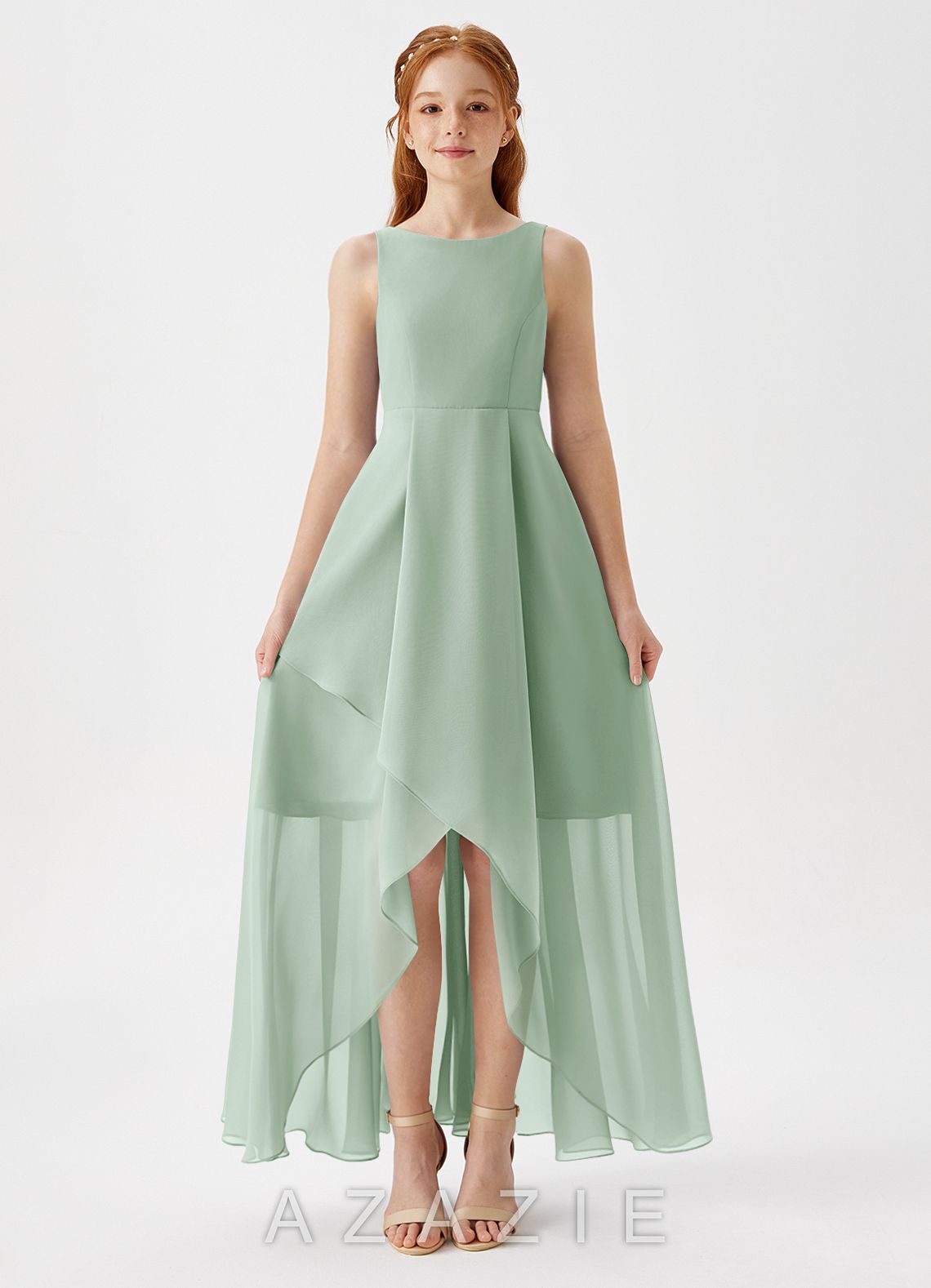 Azazie Lizette Junior Agave A-Line Pleated Chiffon Dress agave