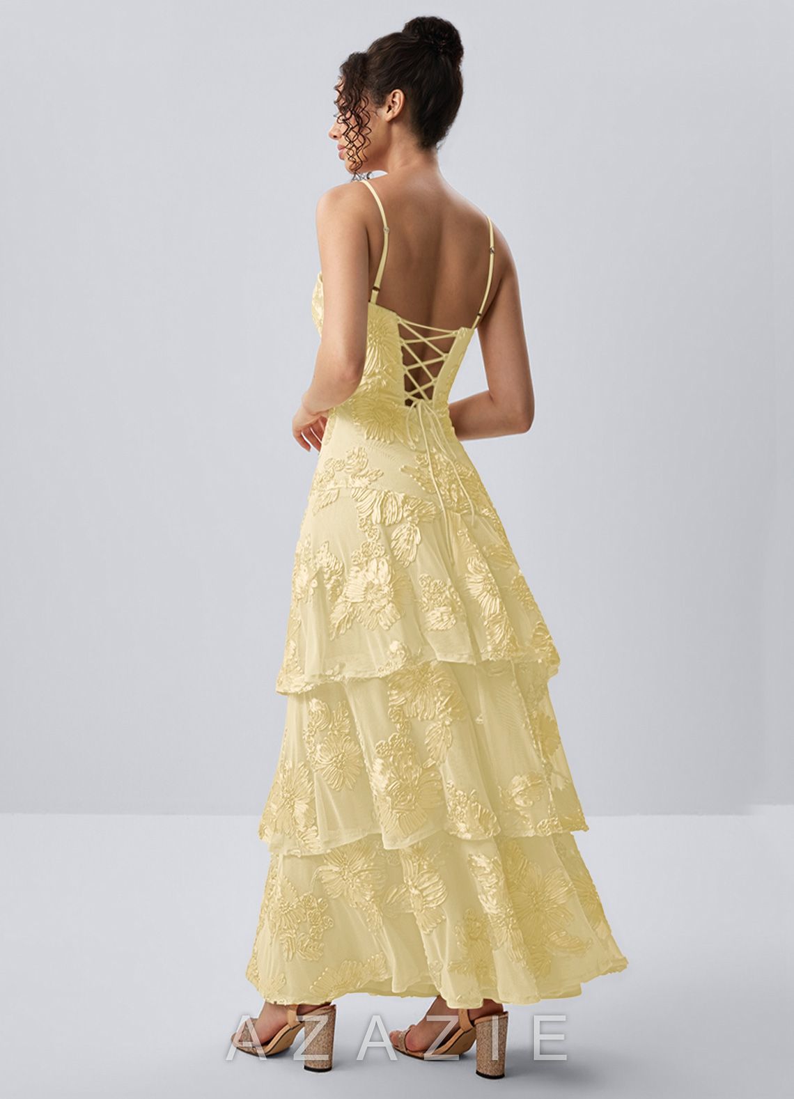 Araceli Lemon Sorbet Stretch 3D Flowers Lace Maxi Dress