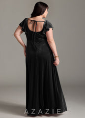 Azazie Bondi Black A-Line Side Slit Velvet Dress black