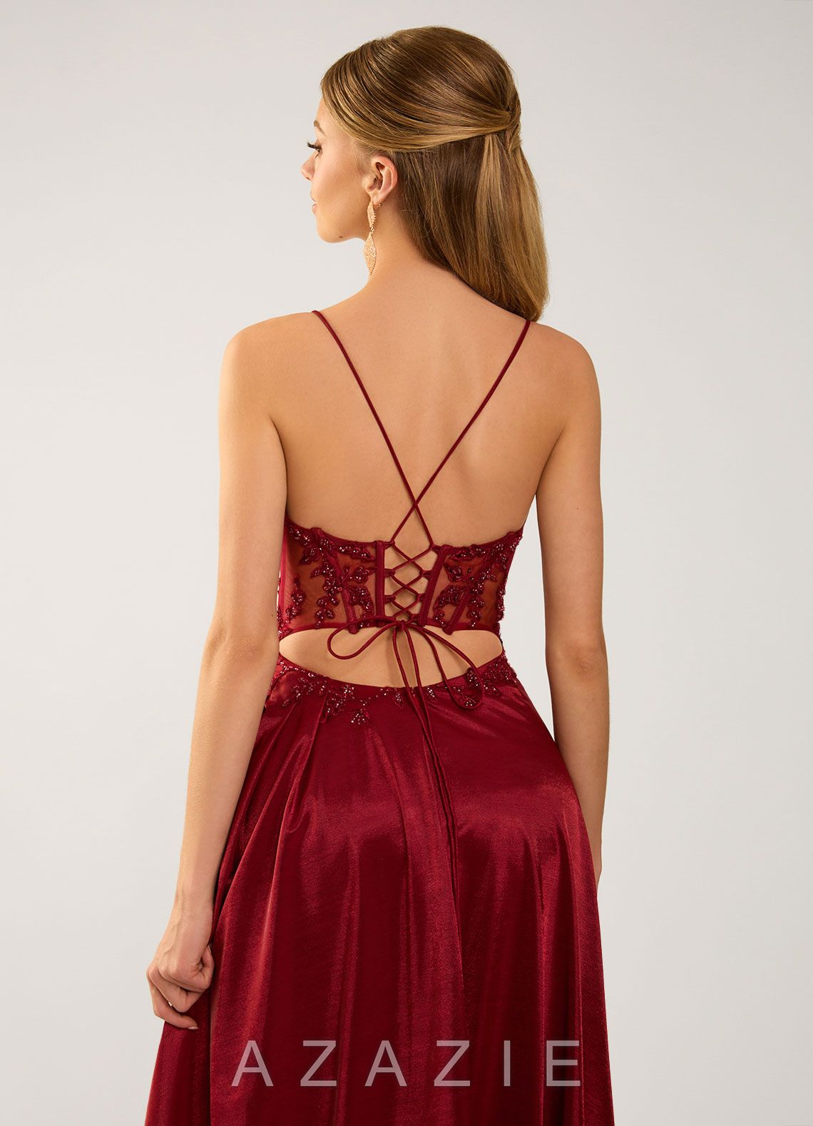 Isoldemark Burgundy Beading Sequin Embroidery Satin Prom Dress  burgundy