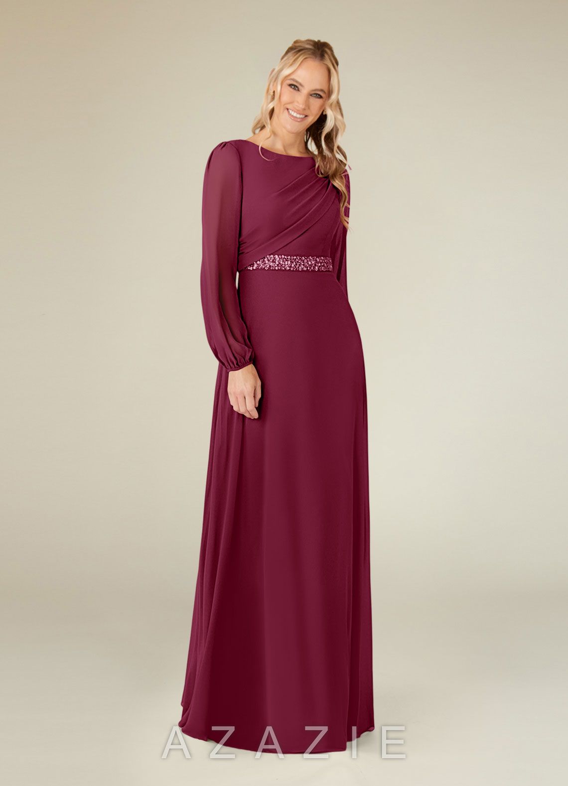 Azazie Priyanka Mulberry A-Line Boatneck Pleated Chiffon Dress