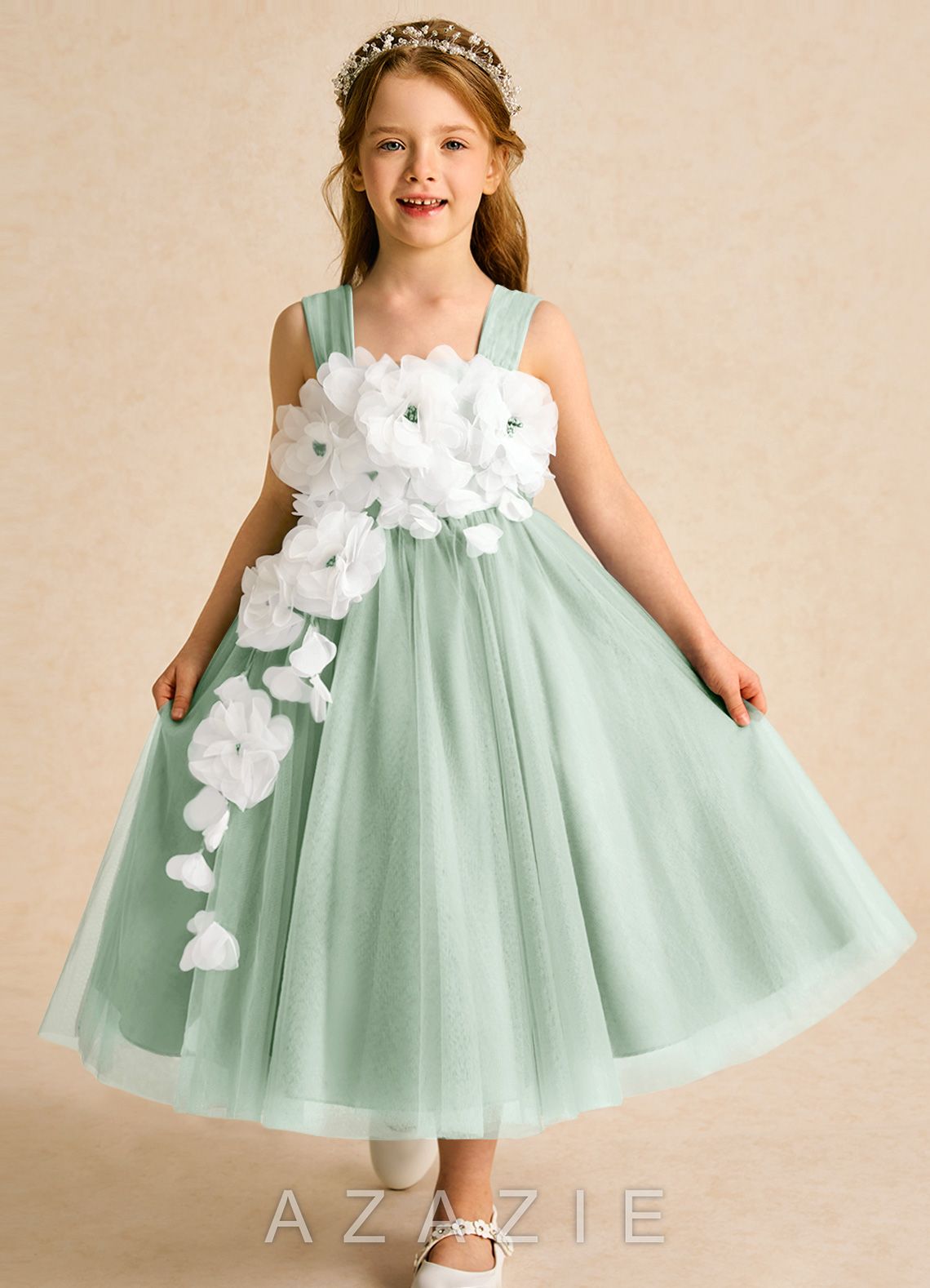 Azazie Dovey Agave Ball-Gown Bow Tulle Dress