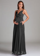 Azazie Emree A-Line Stretch Satin Floor-Length Dress with Pockets black