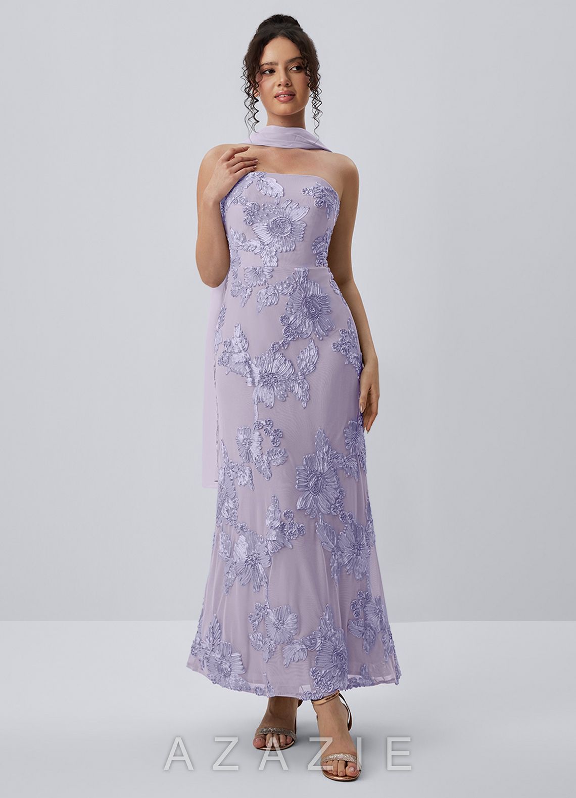 Esperanza Pale Purple Strapless 3D Floral Applique Maxi Dress
