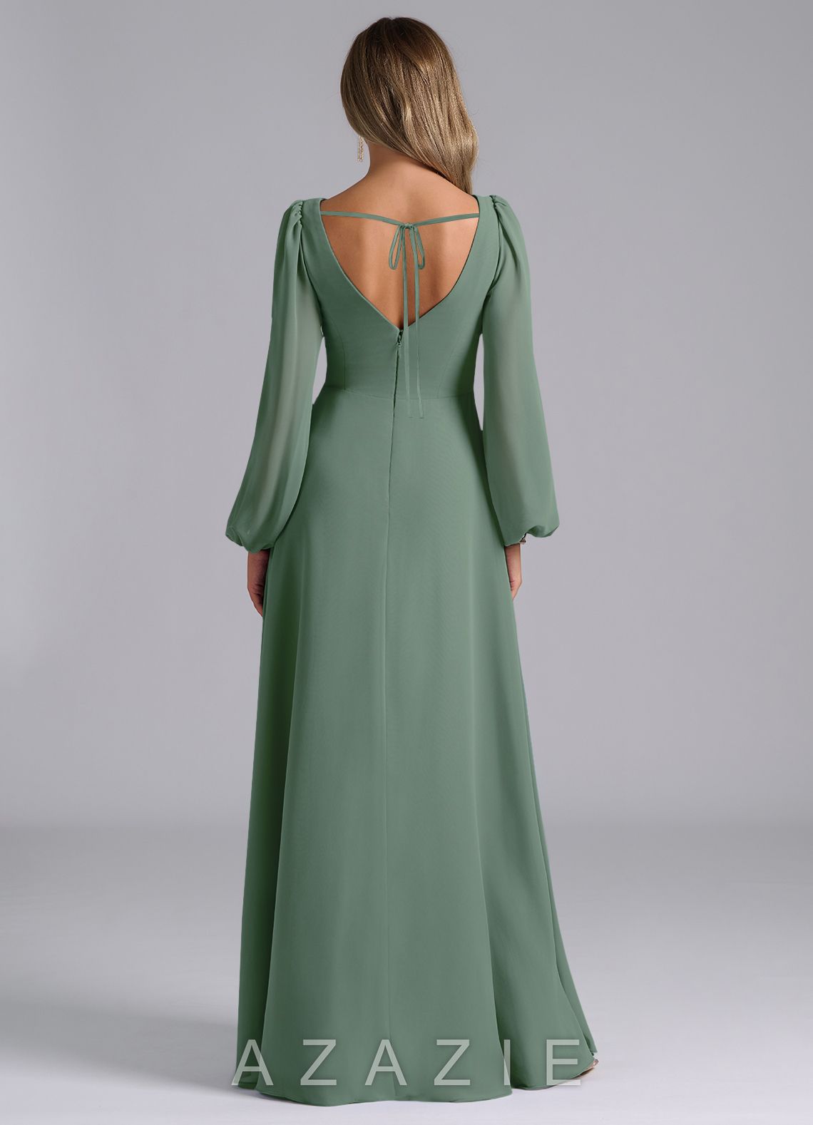 Azazie Liah Eucalyptus A-Line Long Sleeve Chiffon Dress eucalyptus