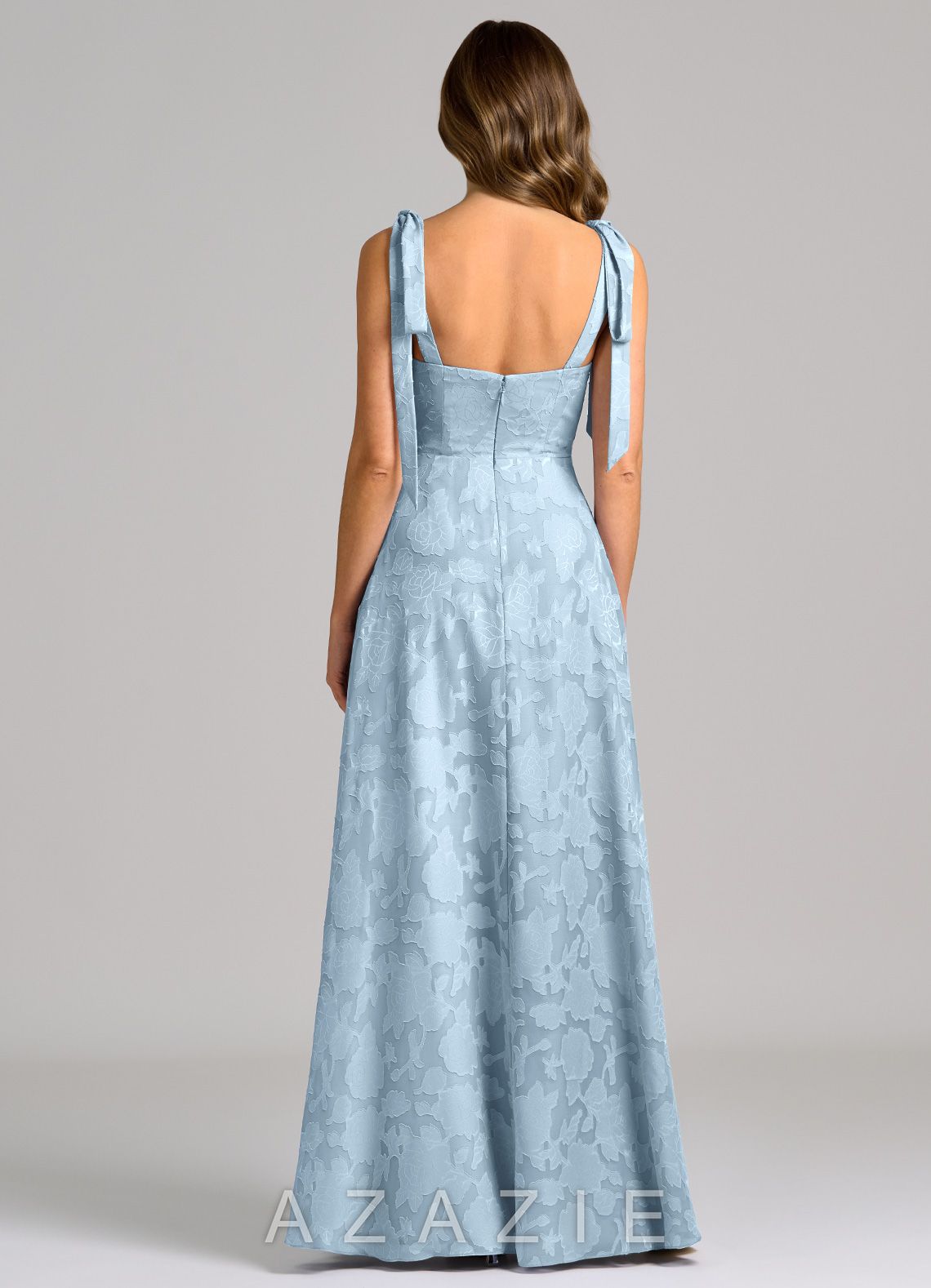 Azazie Debra Sky Blue A-Line with Pockets Floral Burnout Dress sky_blue