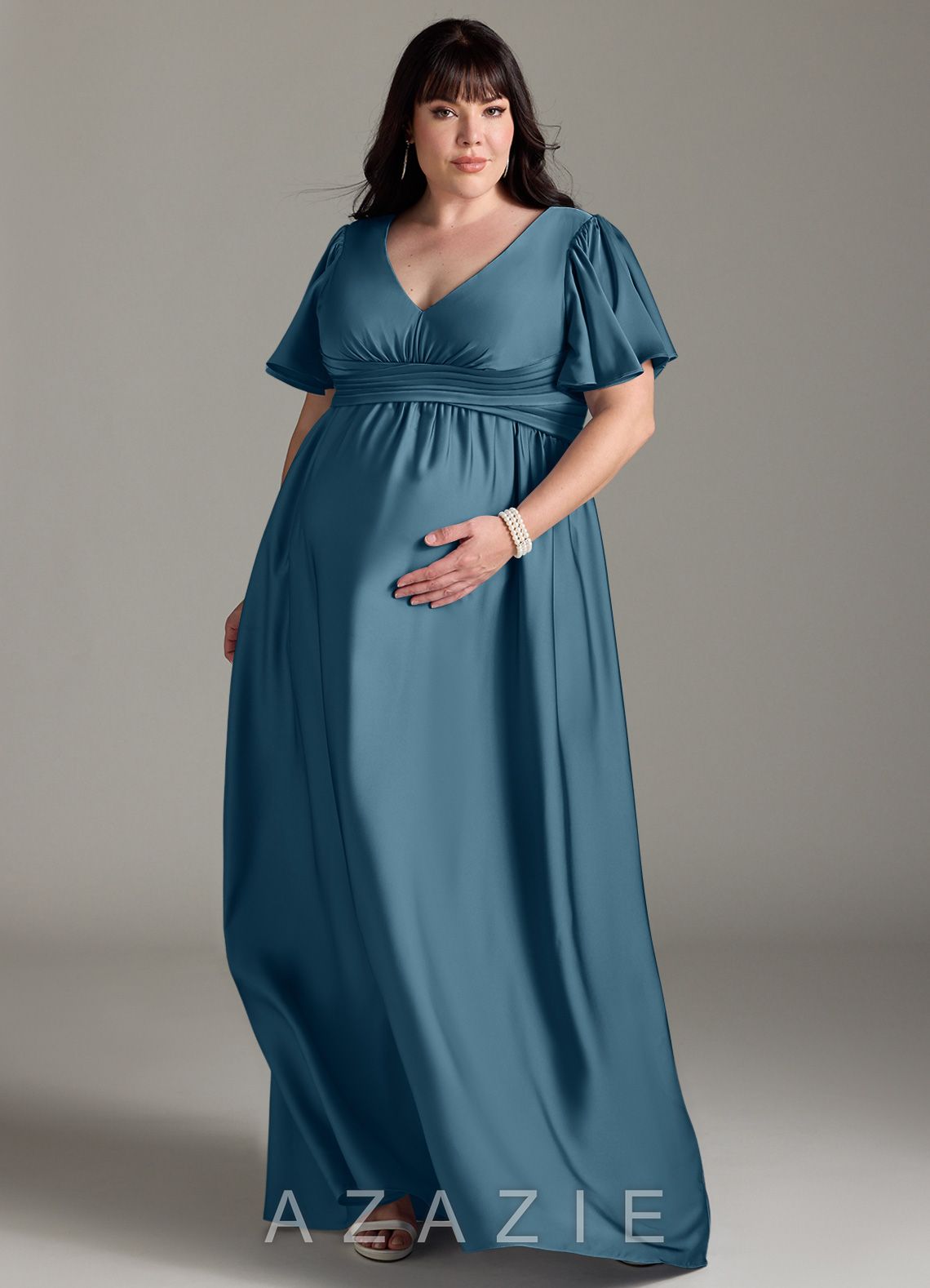 Azazie Verna A-Line Ruched Stretch Satin Floor-Length Dress bermuda