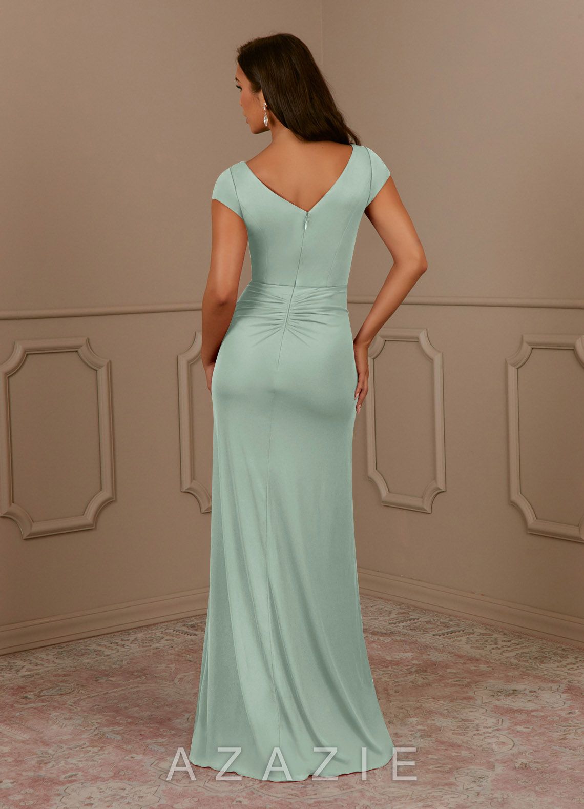 Azazie Roya Agave Mermaid V-Neck Pleated Mesh Dress agave