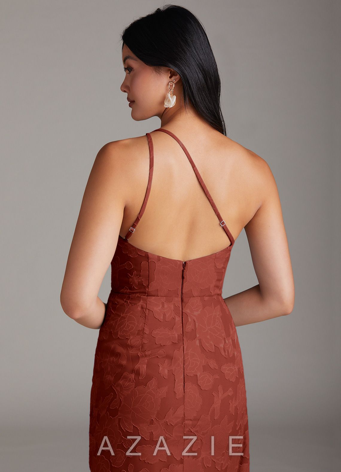 Azazie Mika Terracotta Sheath One Shoulder Floral Burnout Dress terracotta