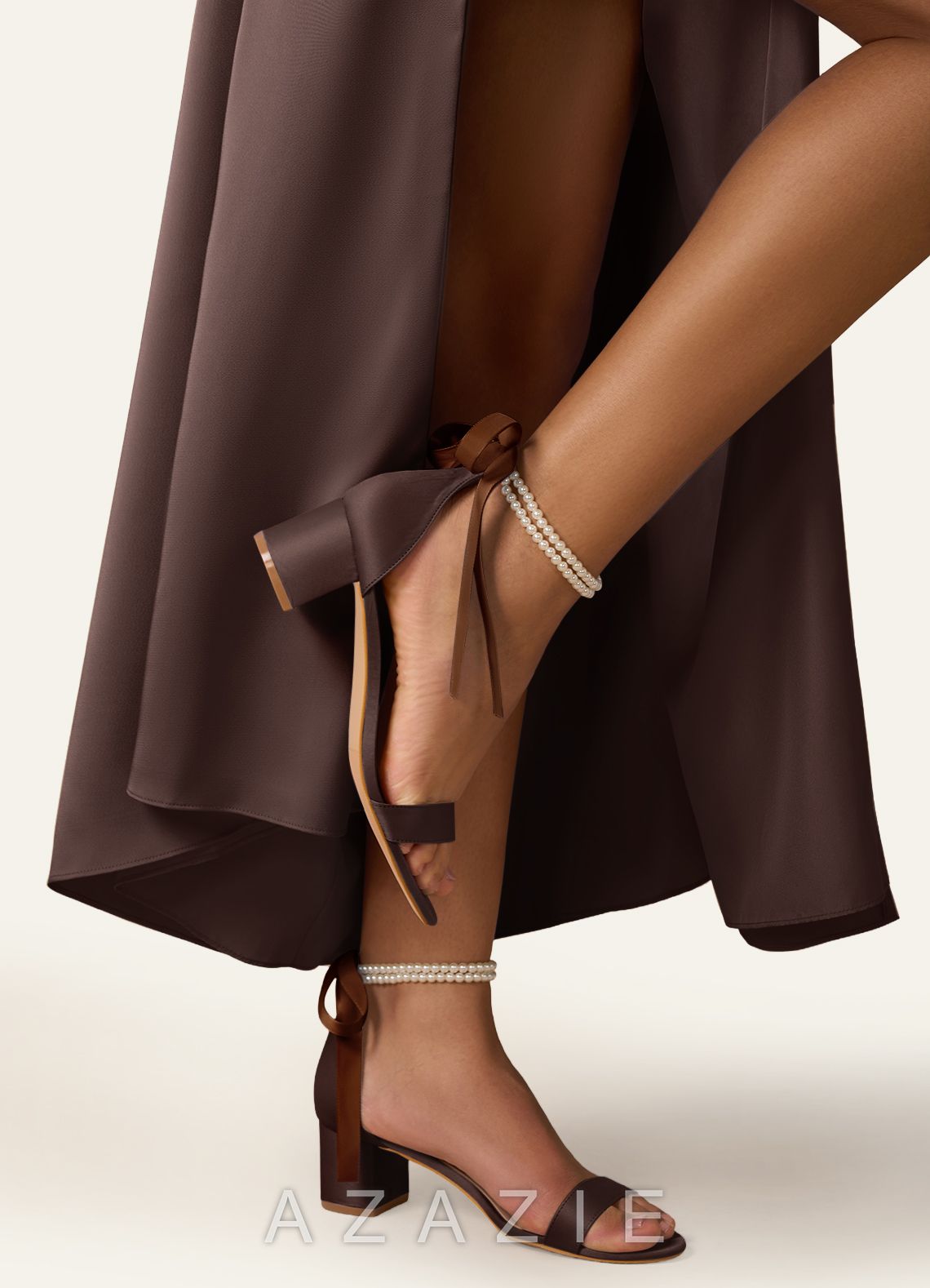Matching Color Matte Satin Pearl and Bow Open Toe Chunky Heel Sandals