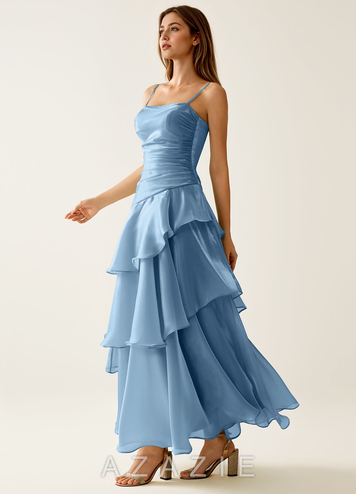 Nicola Mint Blue Satin Ruffled A-line Vacation Midi Dress