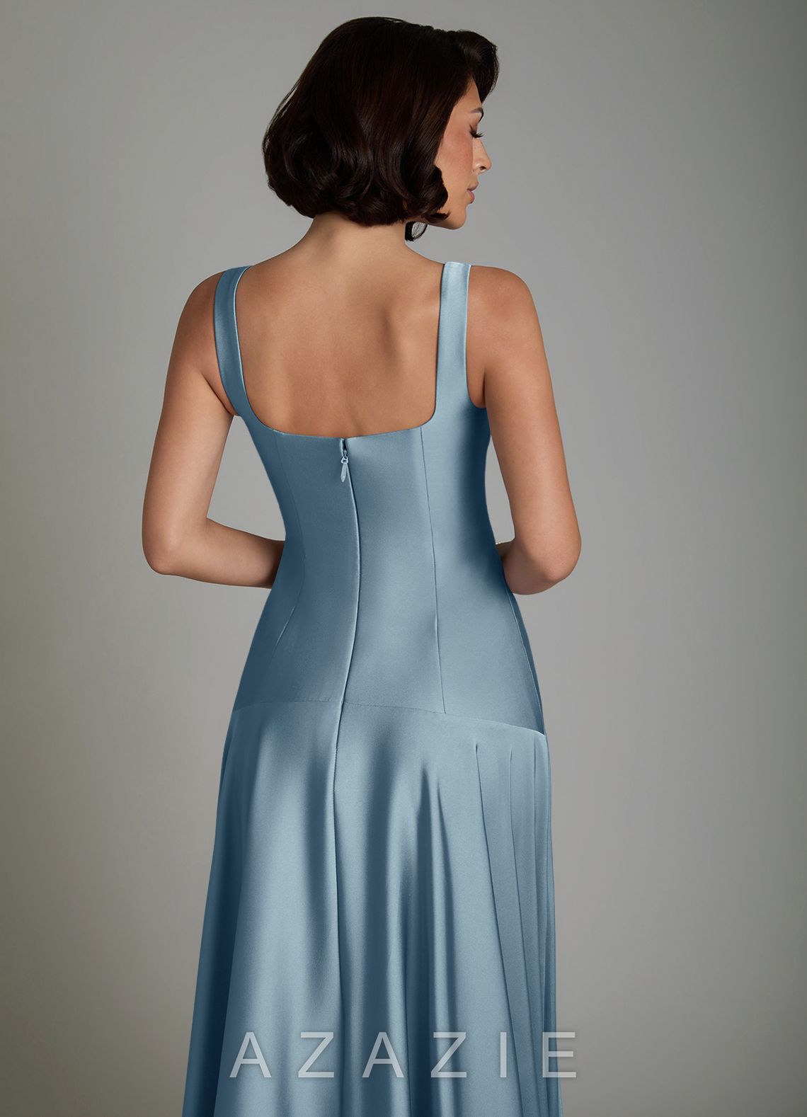 Azazie Reina Dusty Blue A-Line Pleated Stretch Satin Dress dusty_blue