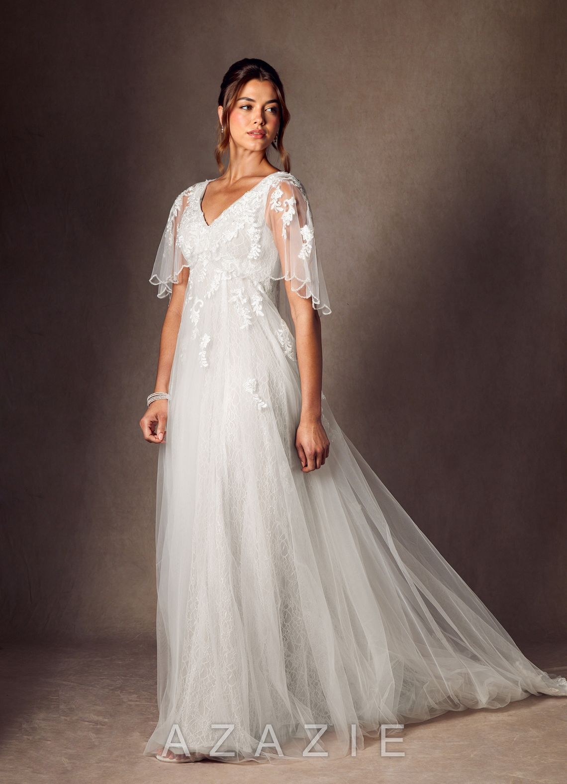 Azazie Renesmee Wedding Dress Diamond White A-Line Sequins Tulle Dress diamond_white