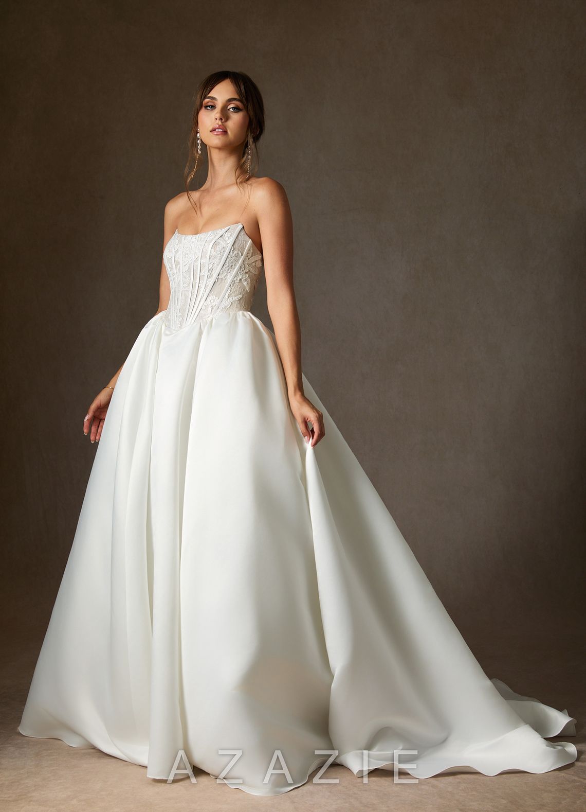 Azazie Mirabeth Diamond White Ball-Gown Strapless Lace Dress