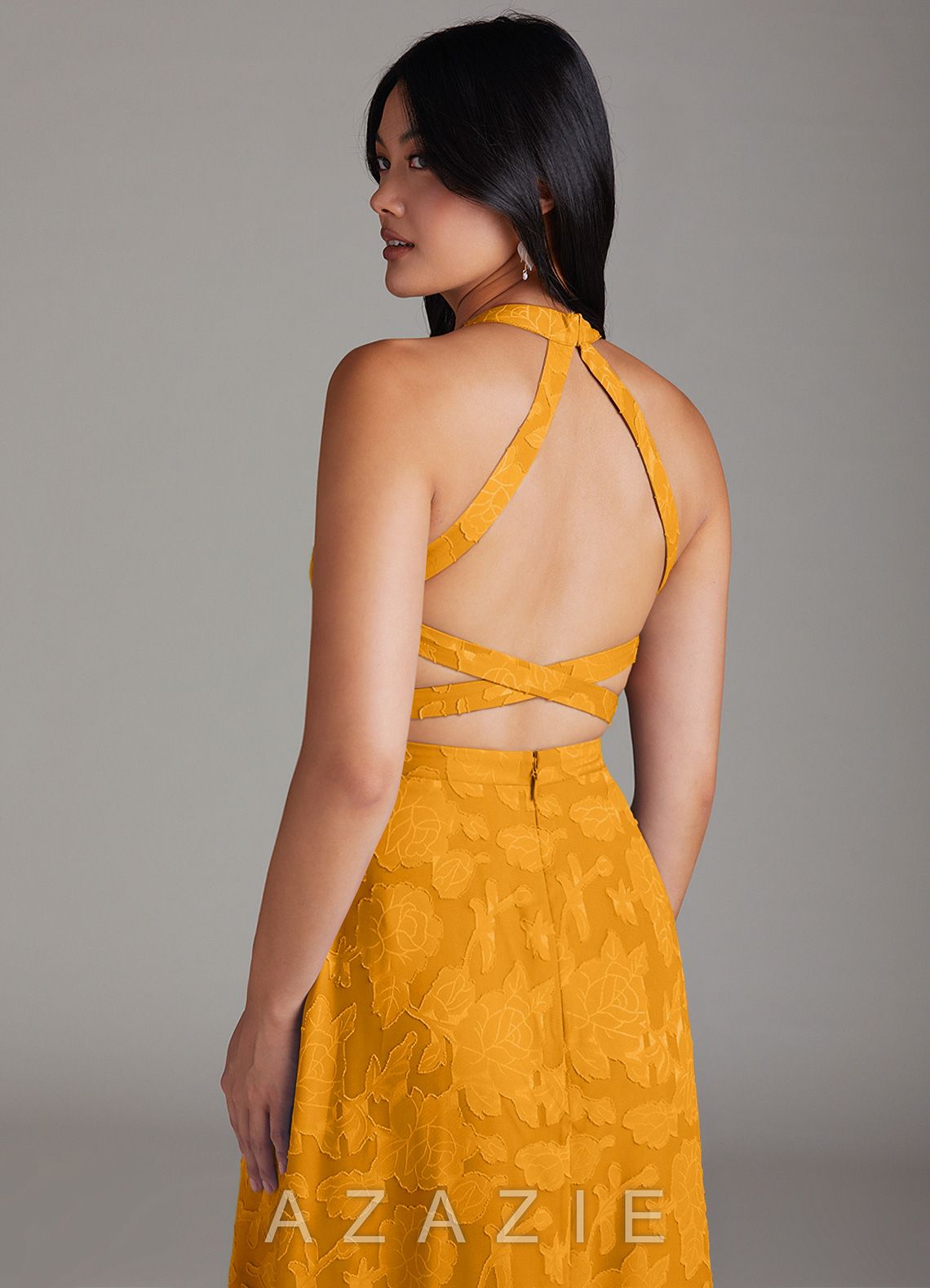 Azazie Clarice Butterscotch A-Line Side Slit Floral Burnout Dress butterscotch