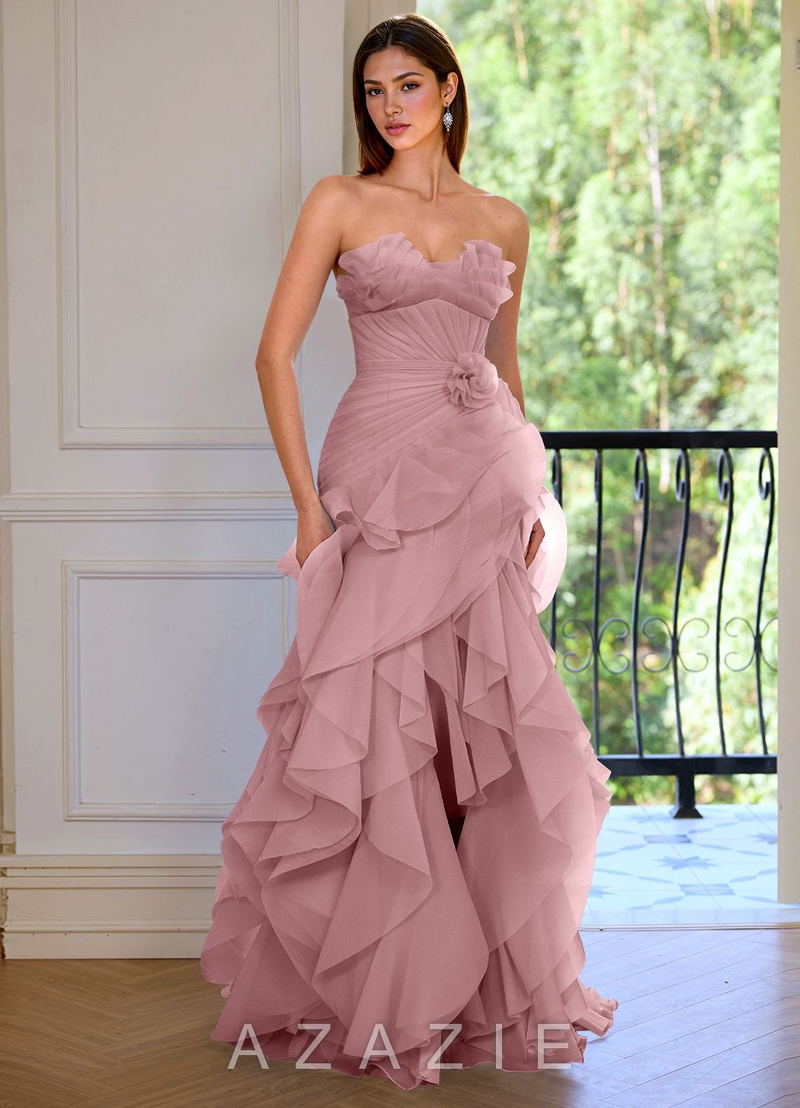 Aurelia Dusty Pink Floral Sweetheart Neckline A-line Ruffle Asymmetrical Prom Dr