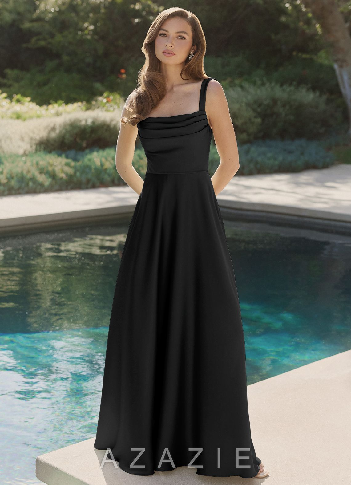 Azazie Shaude Black A-Line Pleated Stretch Satin Dress black