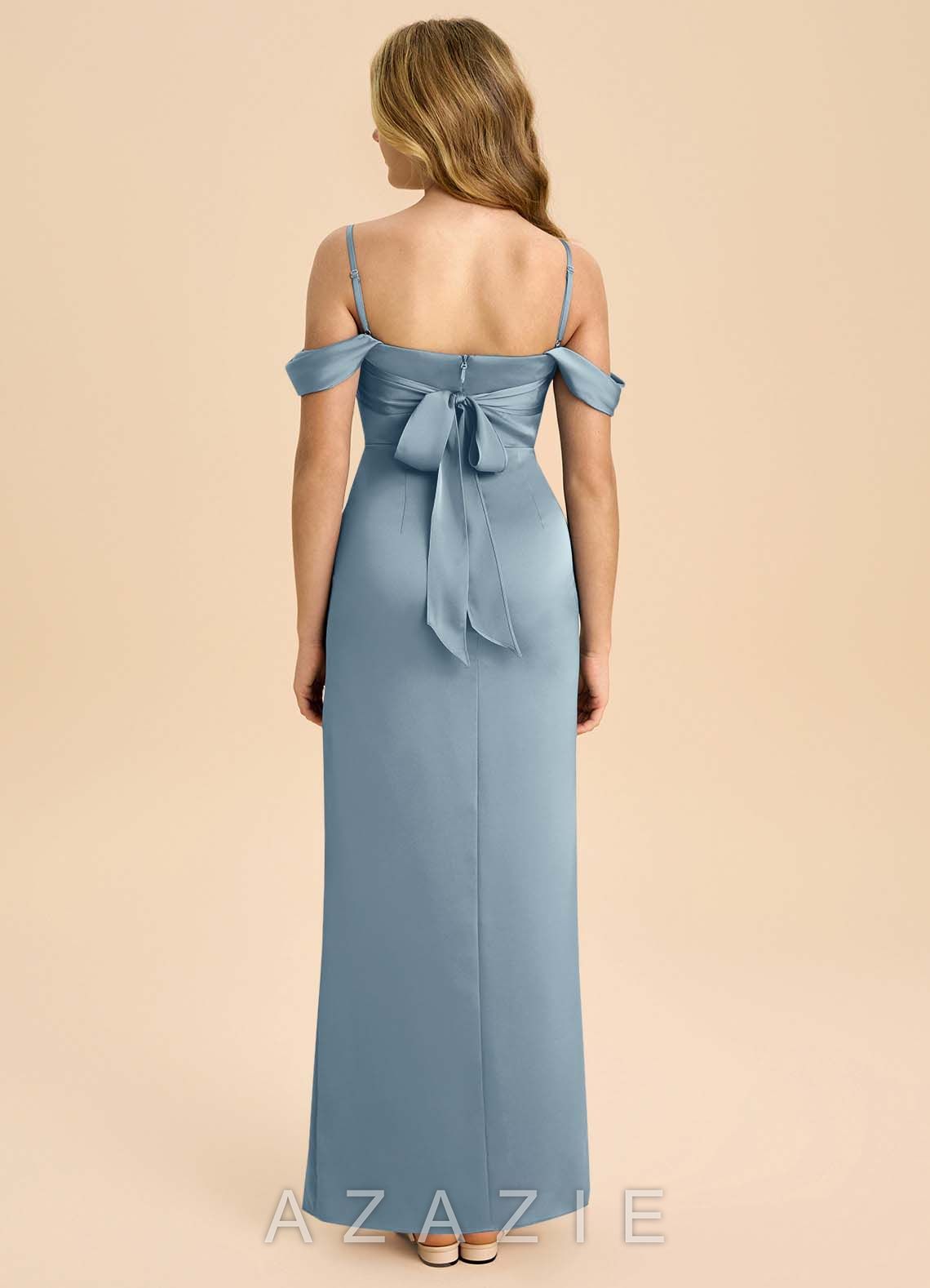 Azazie Saige Junior Dusty Blue Sheath Off the Shoulder Stretch Satin Dress dusty_blue