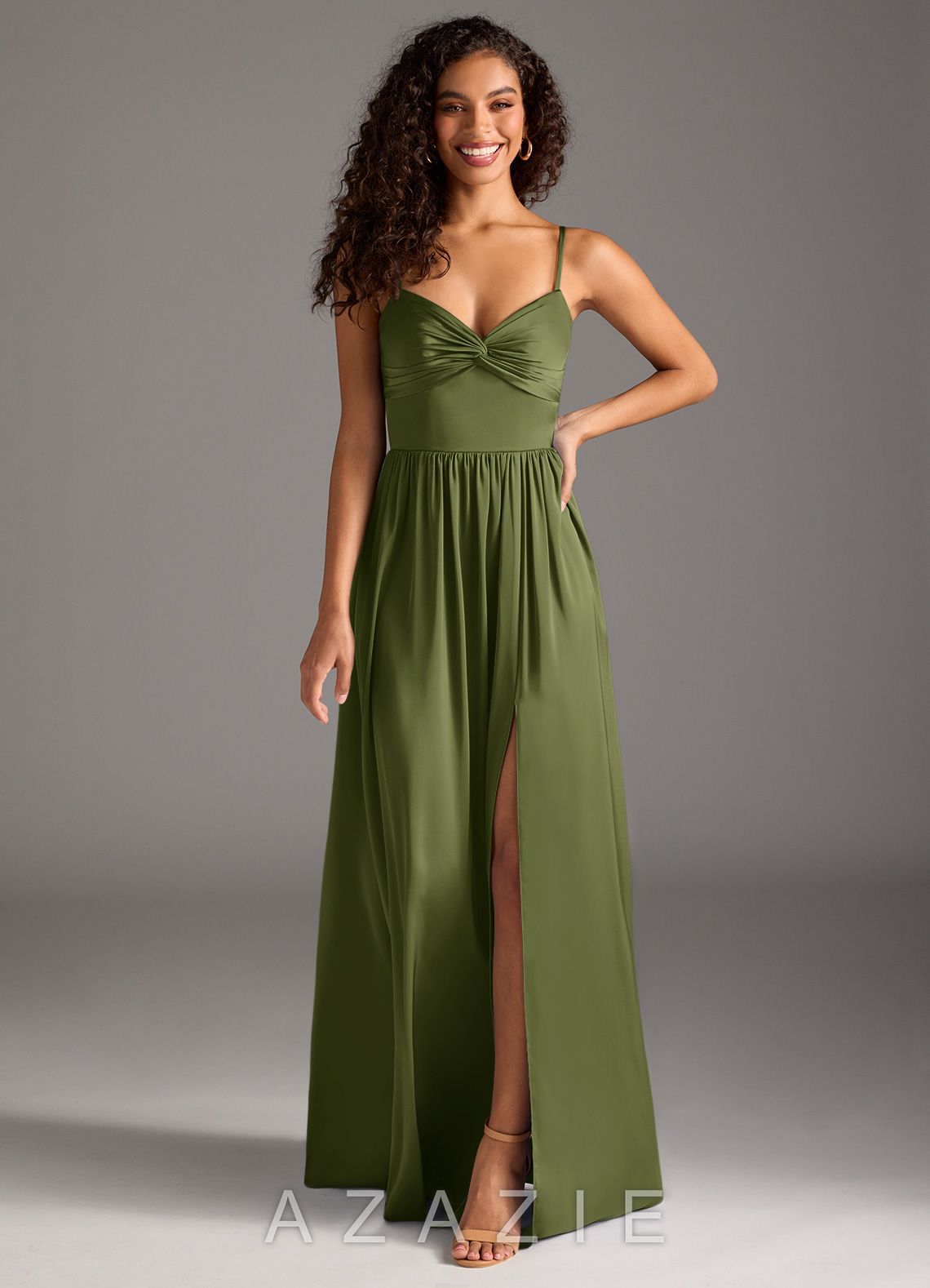 Azazie Zeya Olive A-Line Pleated Stretch Satin Dress olive