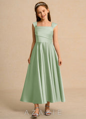 Azazie Bundle Girls Formal Dusty Sage A-Line Pleated Matte Satin Dress