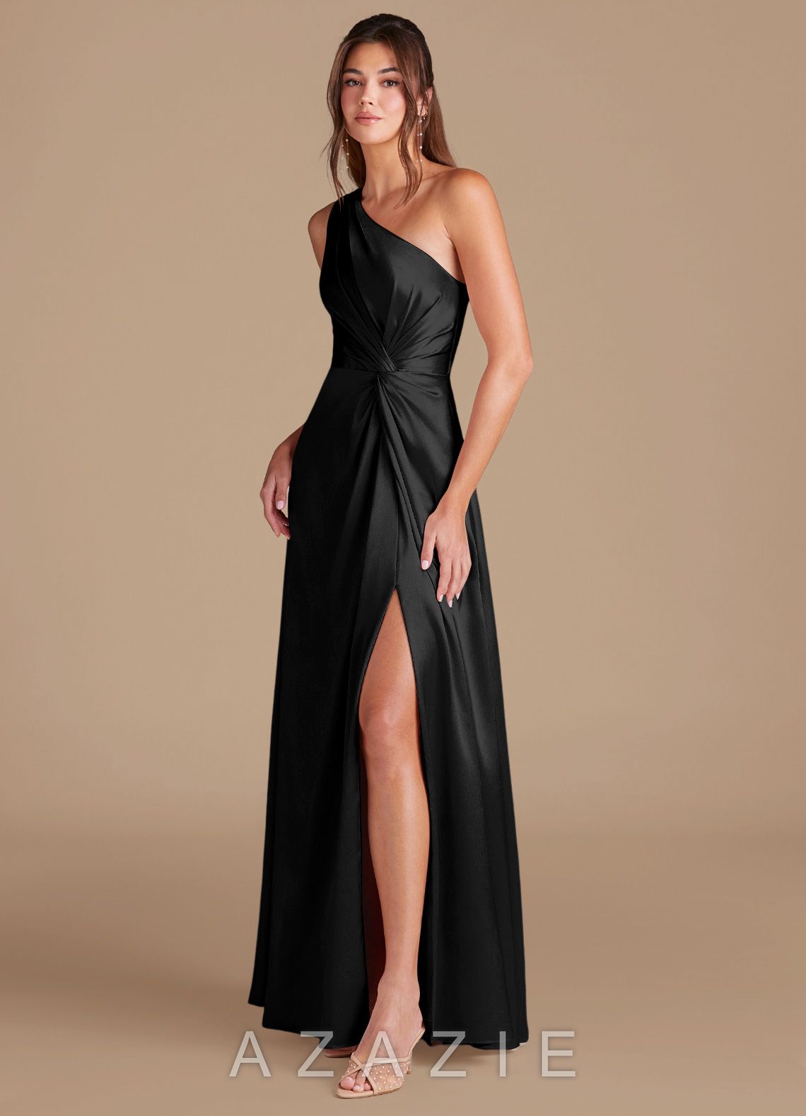 Azazie Brooke Black A-Line One Shoulder Metallic Satin Dress black