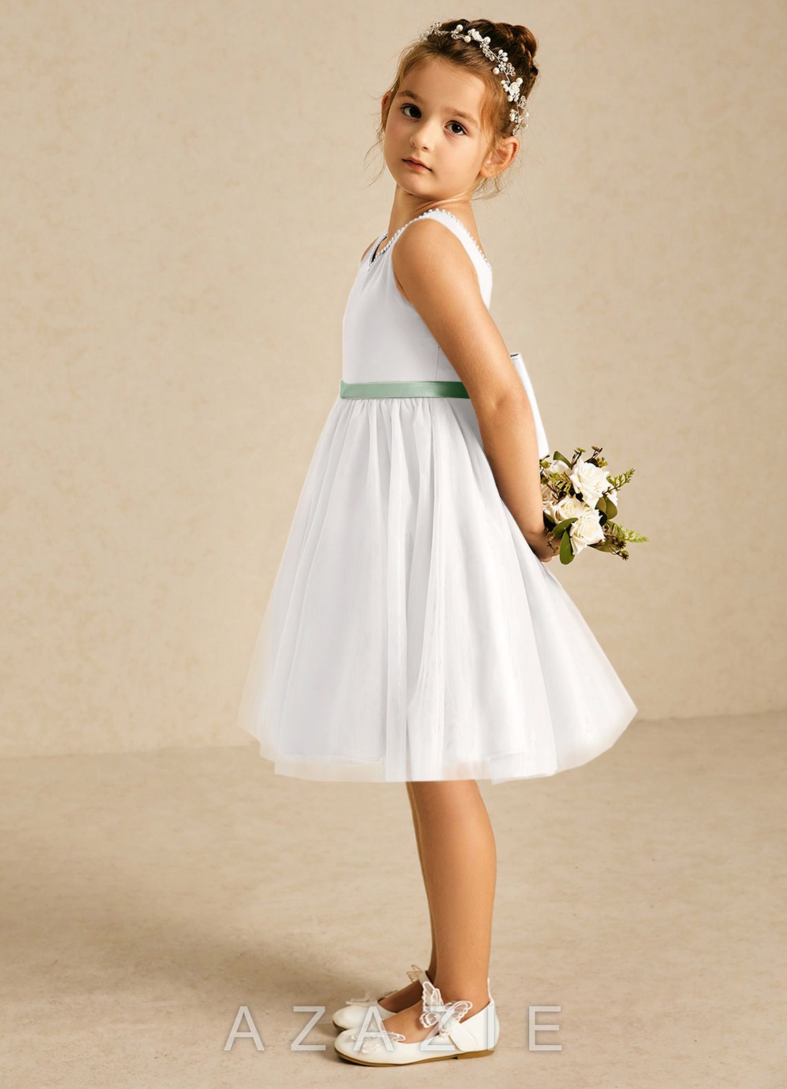 Azazie Seline Ivory Agave A-Line Bow Tulle Dress ivory/agave