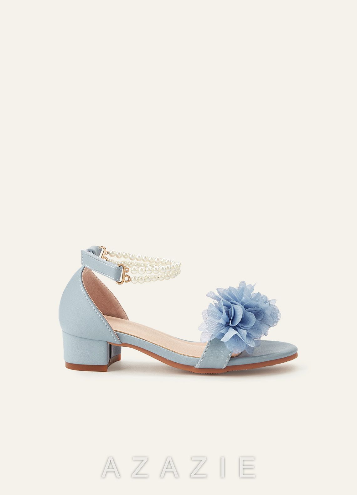 3D Chiffon Floral Pearl Ankle Strap Open Toe Flower Girl's Block Heels for Little & Big Kids
