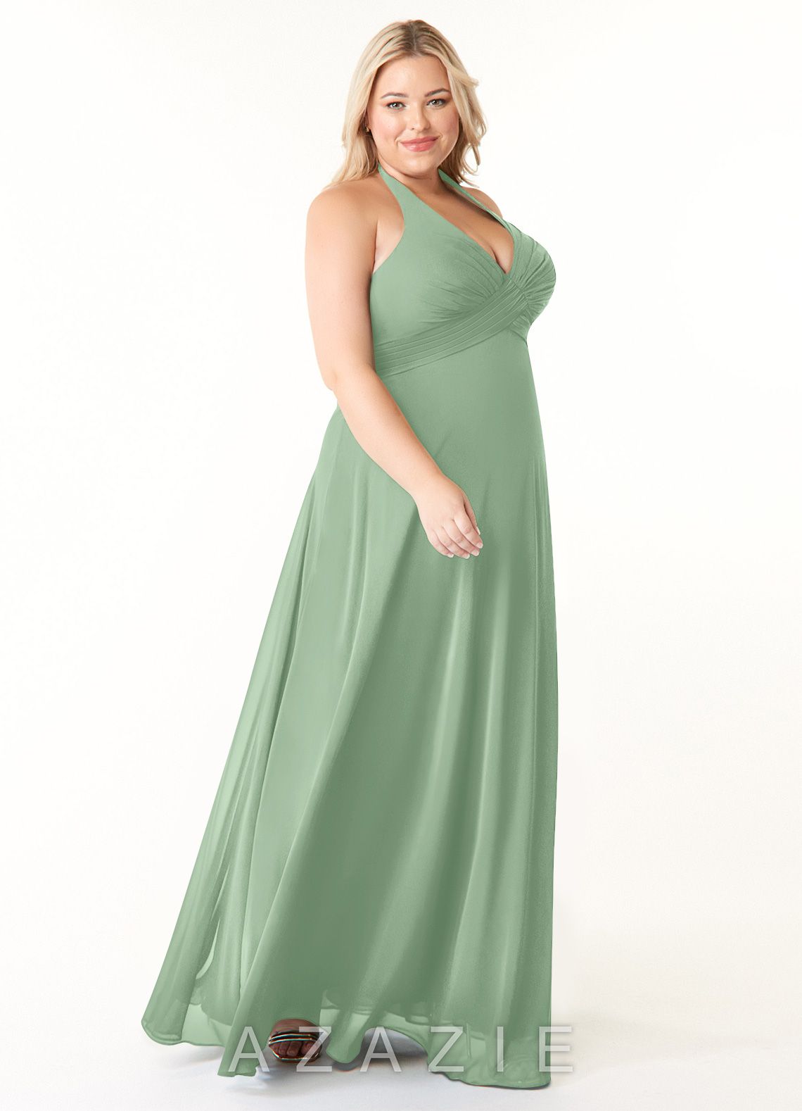 Azazie Tessie Matcha A-Line V-Neck Pleated Chiffon Dress matcha