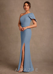 Azazie Haddie Dusty Blue Sheath One Shoulder Stretch Crepe Dress dusty_blue