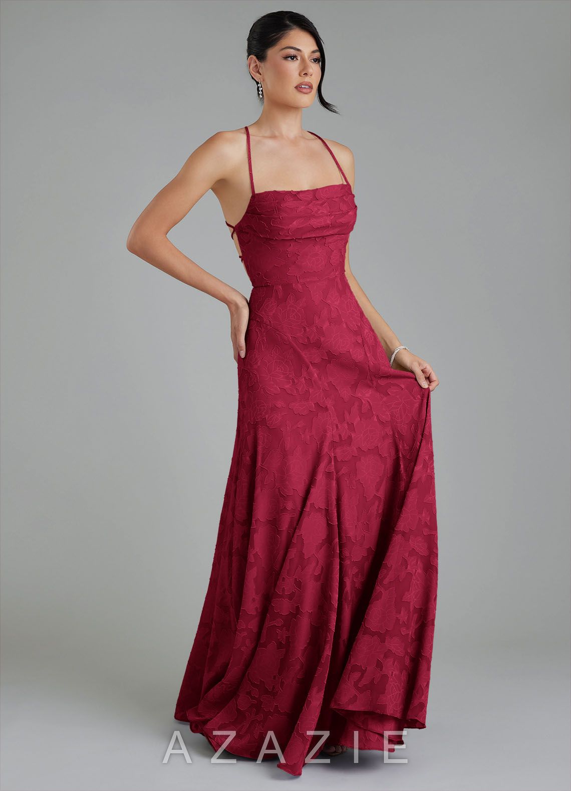 Azazie Tatum Burgundy A-Line Corset Floral Burnout Dress burgundy