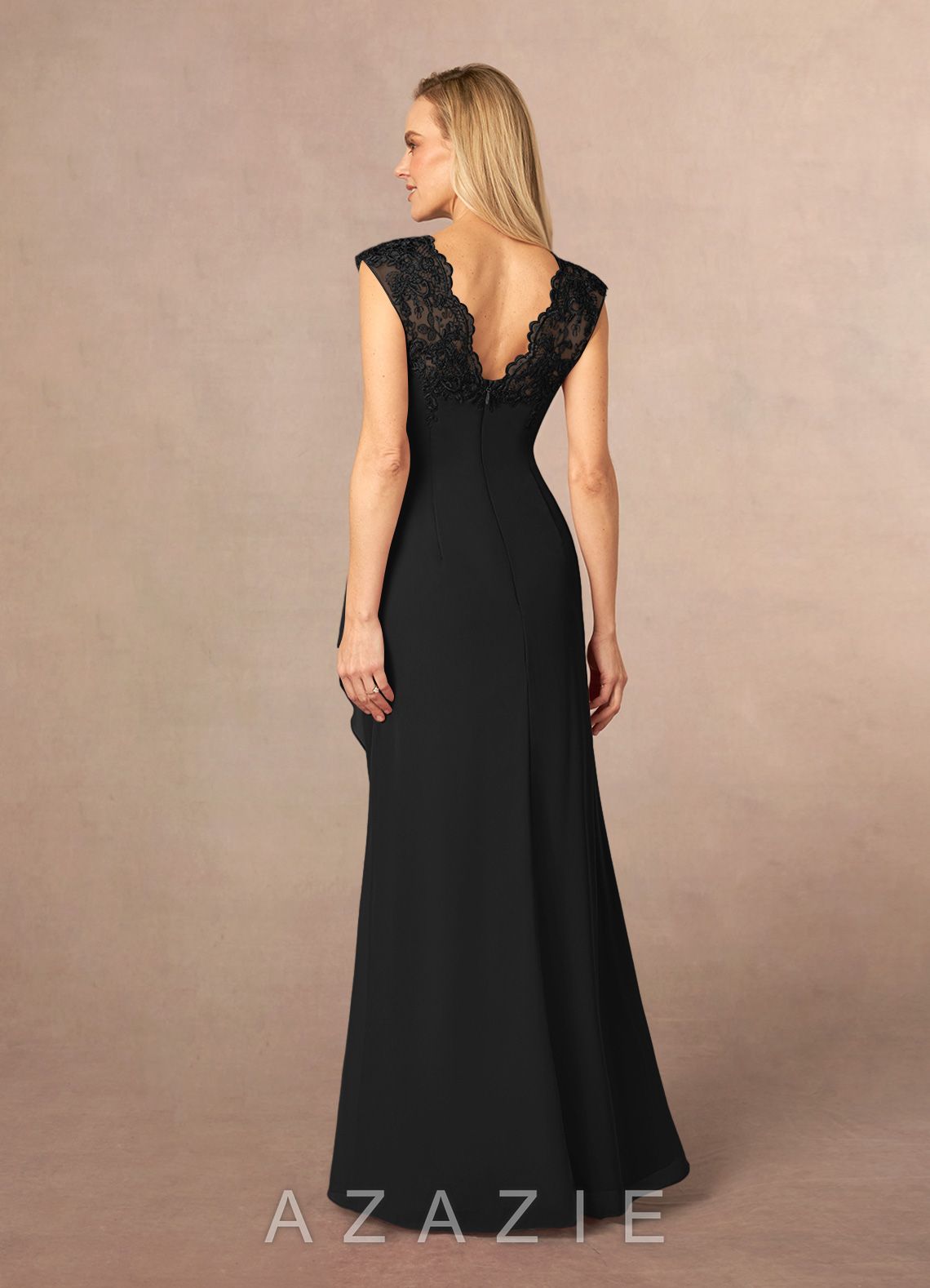 Azazie Gladys Black A-Line Queen Anne Lace Chiffon Dress black