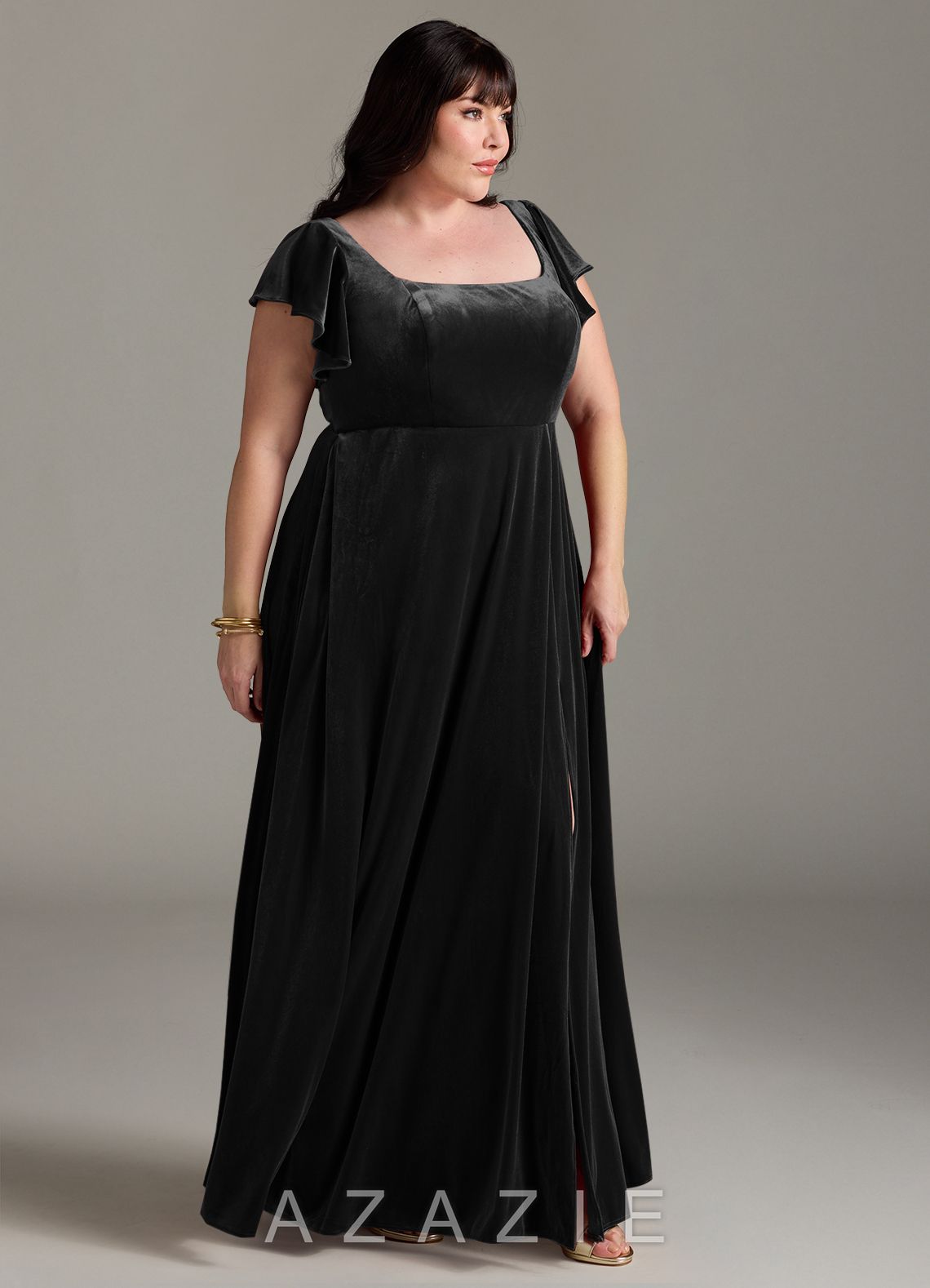 Azazie Bondi Black A-Line Side Slit Velvet Dress black