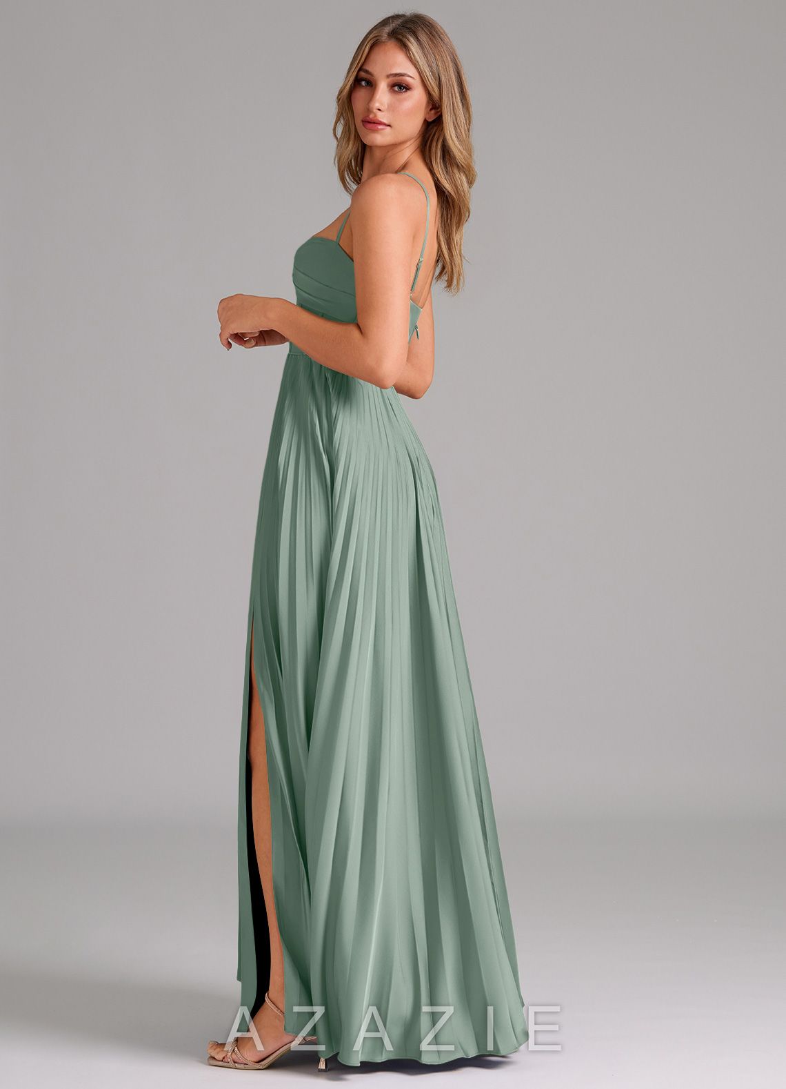 Azazie Akiko Agave A-Line Sweetheart Neckline Stretch Satin Dress agave