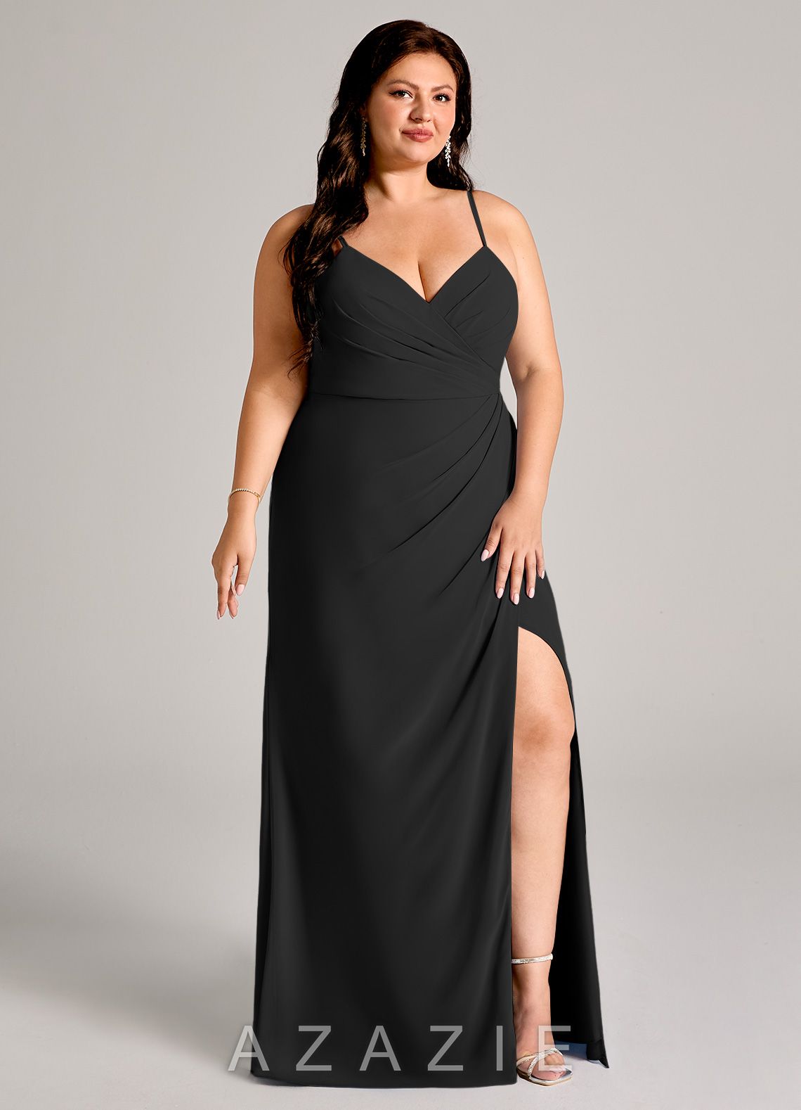 Azazie Maci Black Sheath Pleated Chiffon Dress black