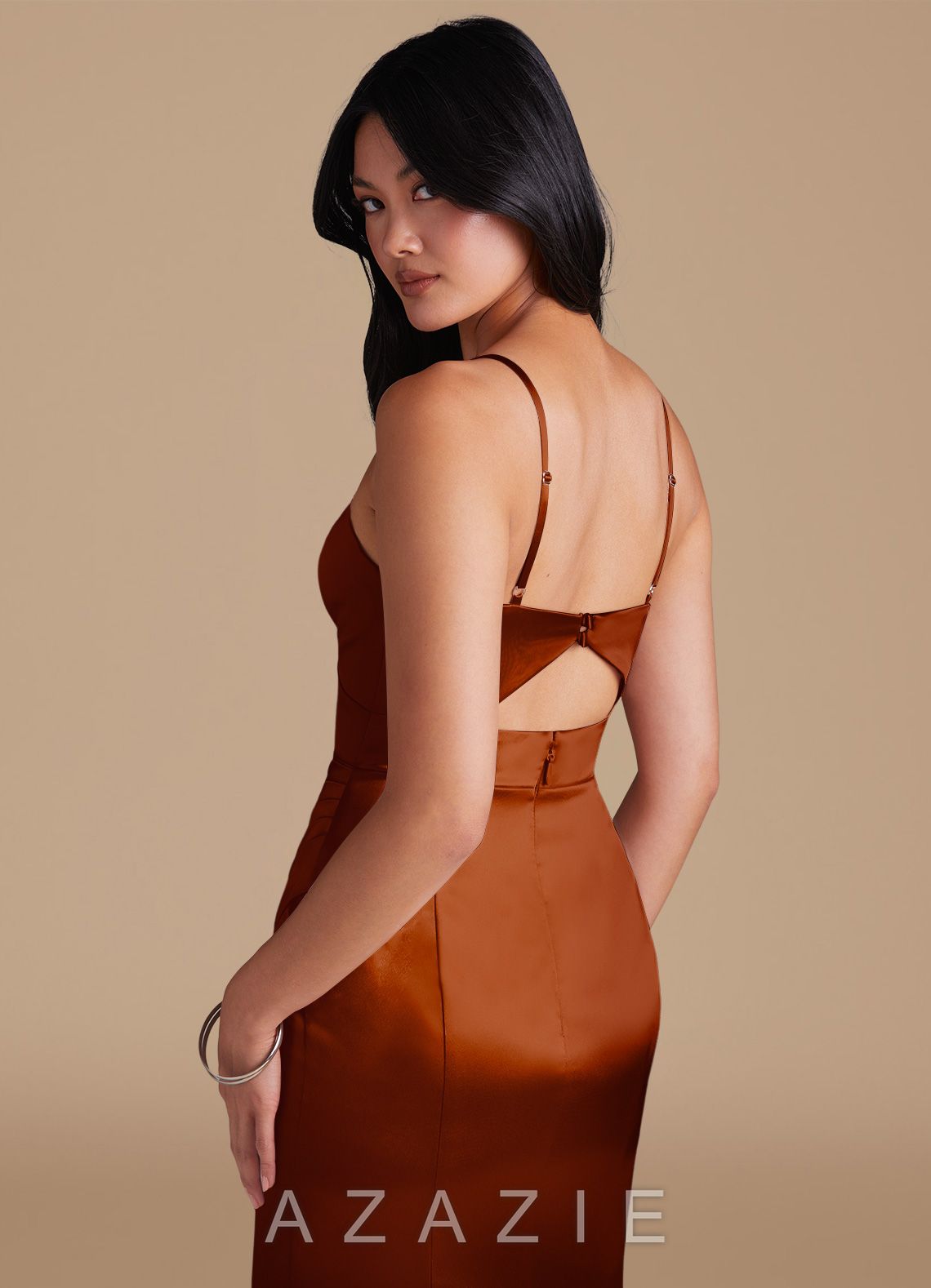 Azazie Shania Auburn Sheath Pleated Metallic Satin Dress auburn