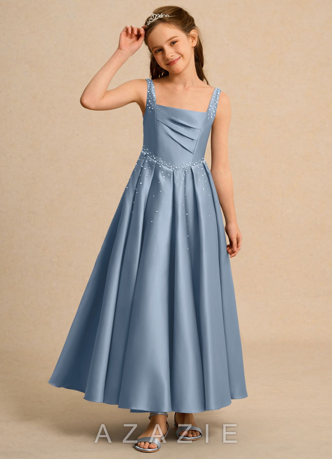 Azazie Mochi Girls Formal Dusty Blue Ball-Gown Pleated Matte Satin Dress dusty_blue