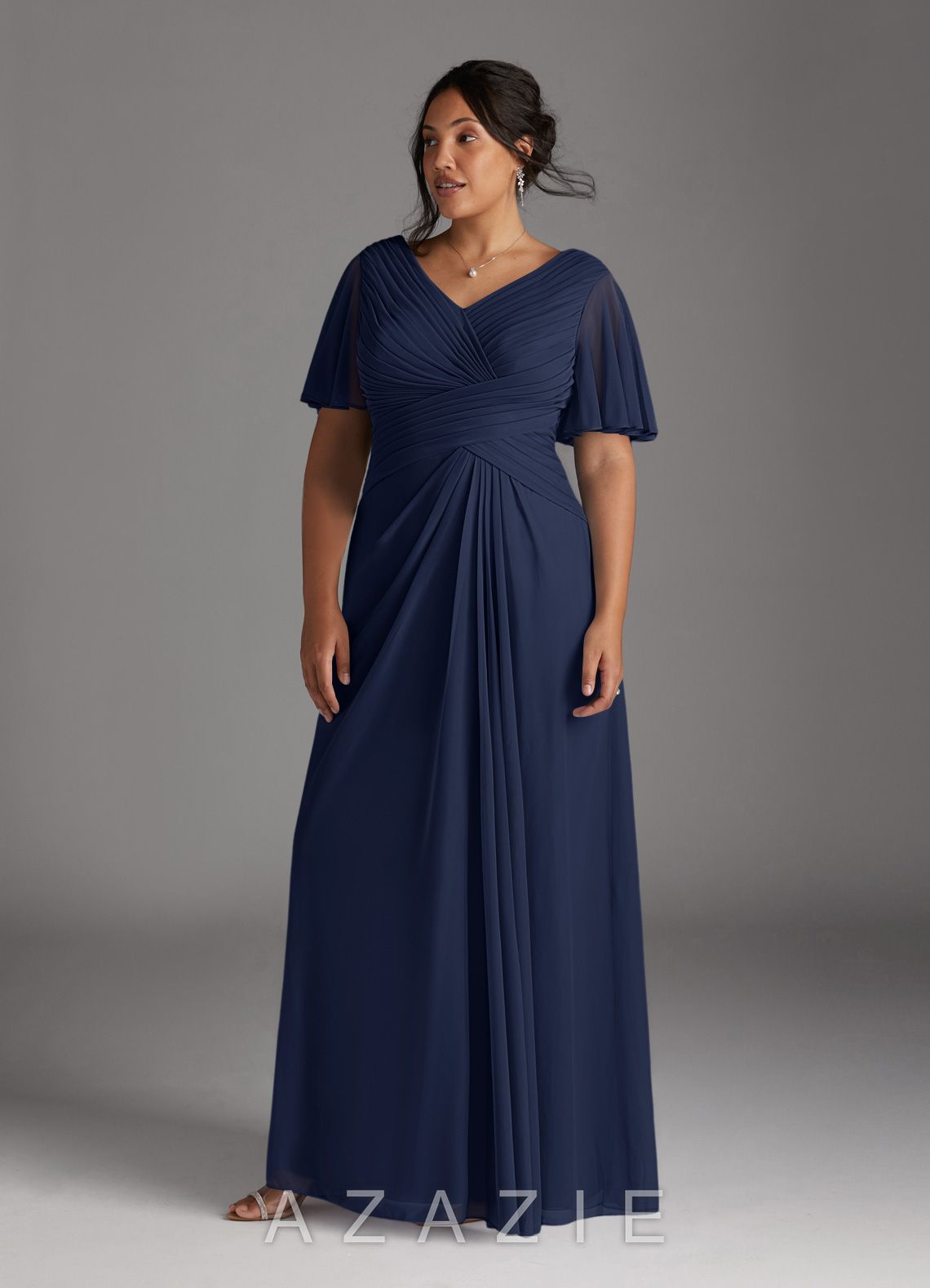 Azazie Emmeline Dark Navy A-Line V-Neck Pleated Mesh Dress dark_navy