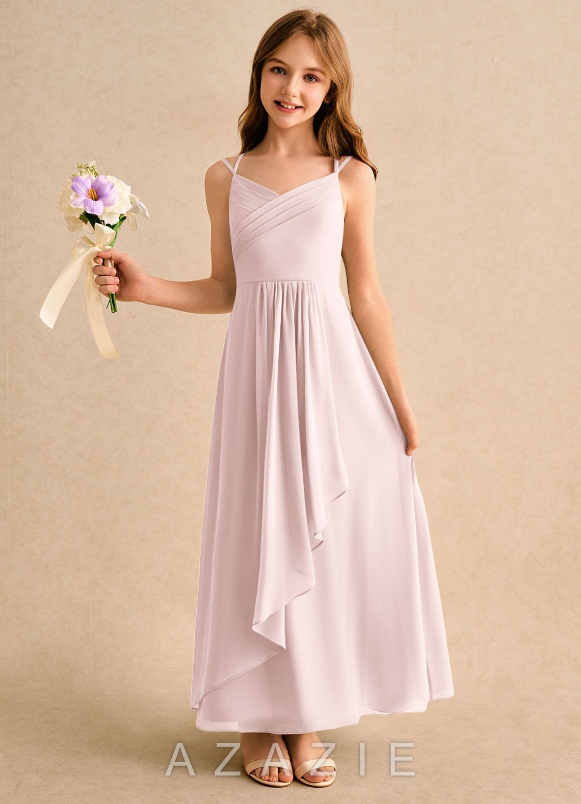 Azazie Zaida Girls Formal Blushing Pink A-Line Pleated Chiffon Dress
