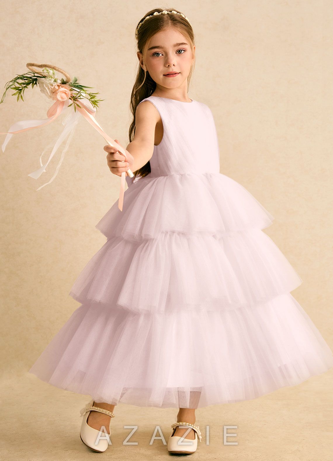 Azazie Marshmallow Blushing Pink Ball-Gown Bow Tulle Dress
