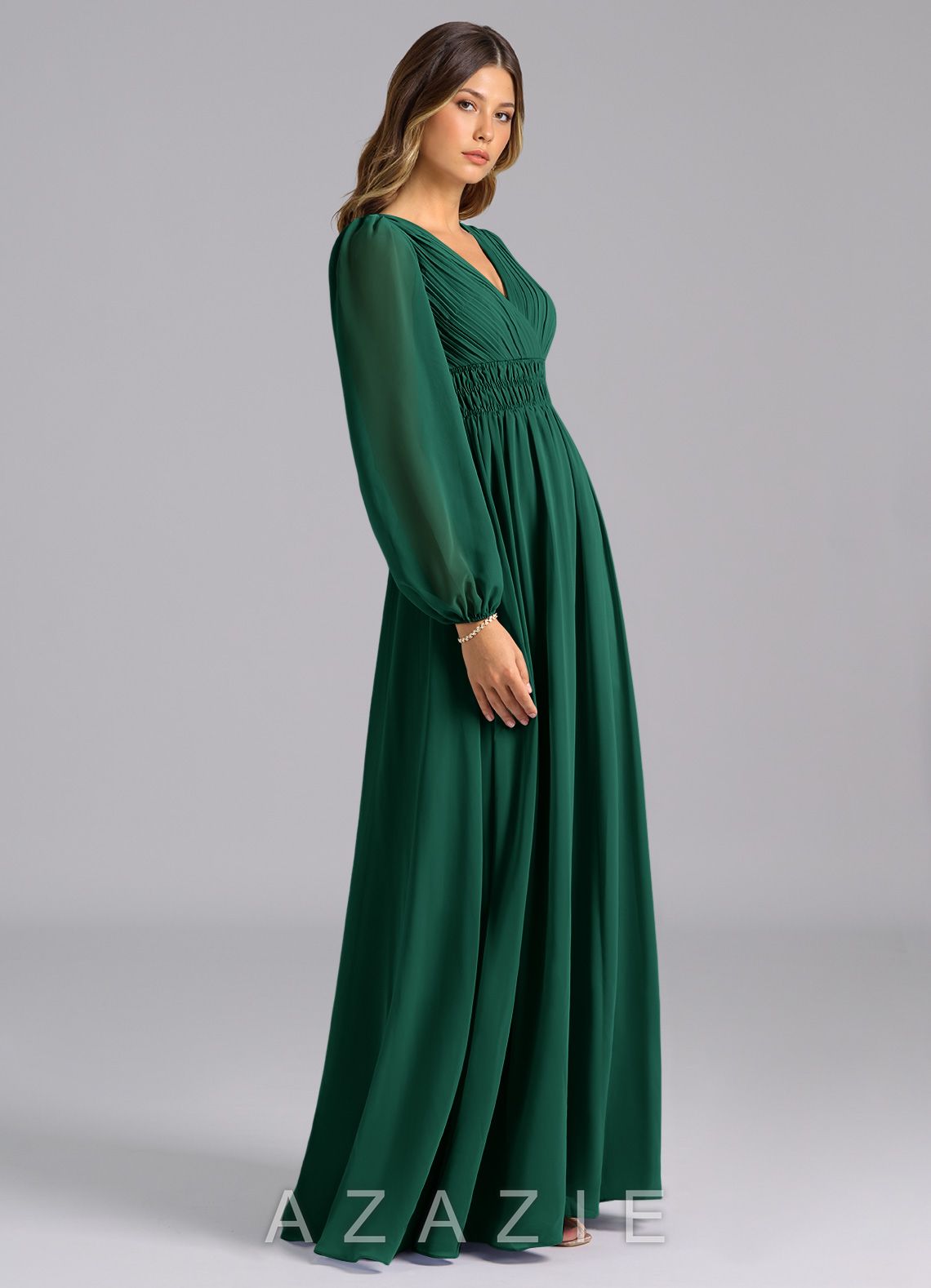 Azazie Palerma Emerald A-Line Long Sleeve Chiffon Dress emerald