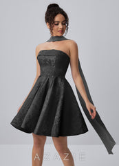Calistabella Black A-Line Jacquard Chiffon Mini Dress